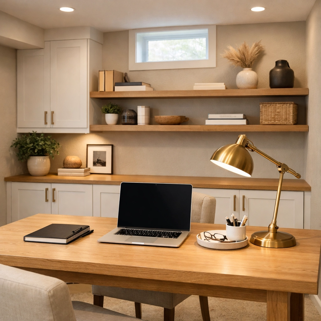 Modern home office in a finished basement in Bay Village with custom cabinetry and warm lighting.
