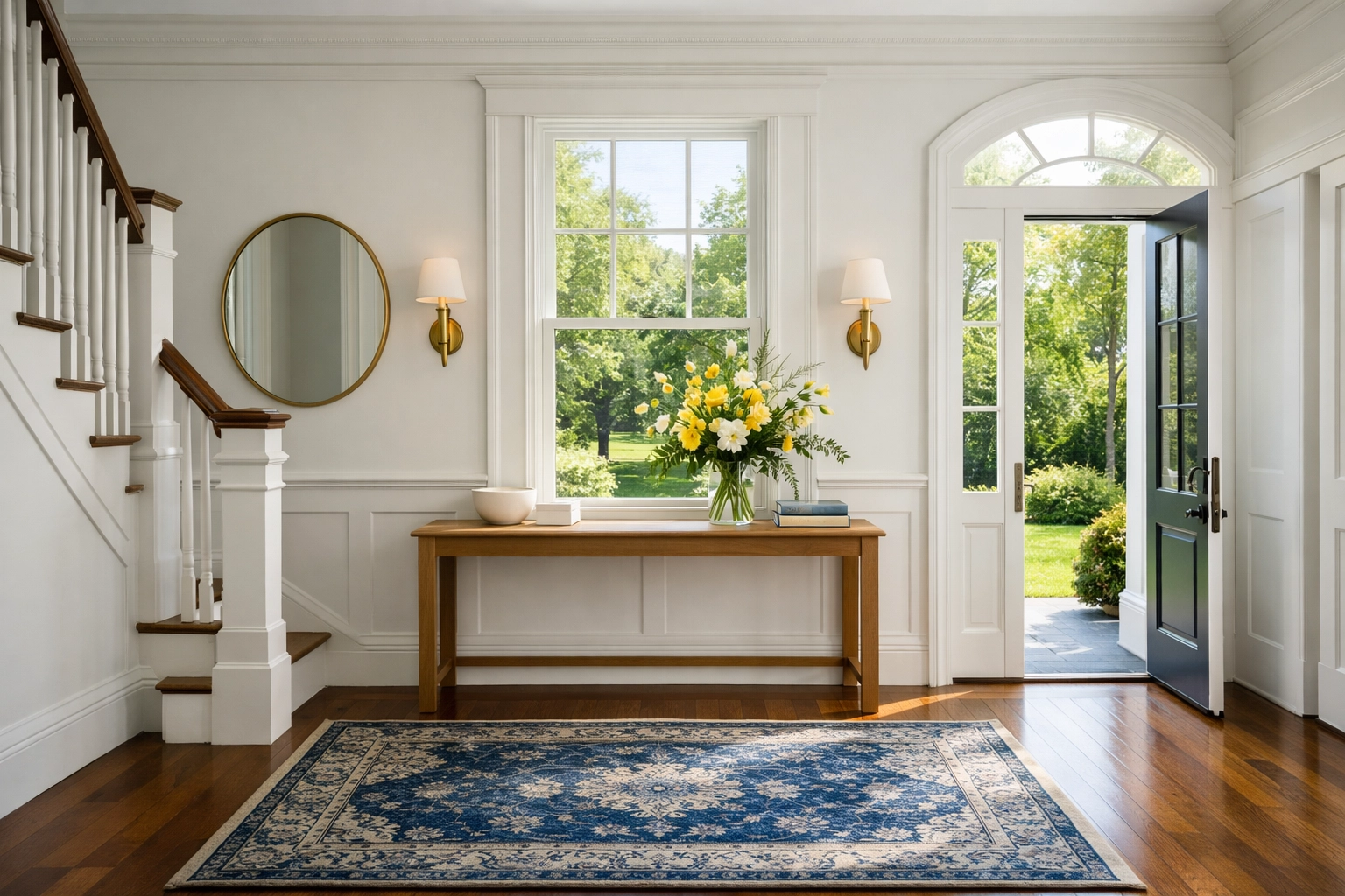 Sun-lit, organized entryway in a Massachusetts home demonstrating effective Fitchburg Residential Cleaning decluttering.