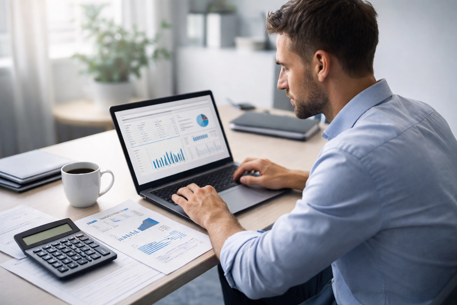 Small business owner reviewing cash flow reports on laptop at modern office desk
