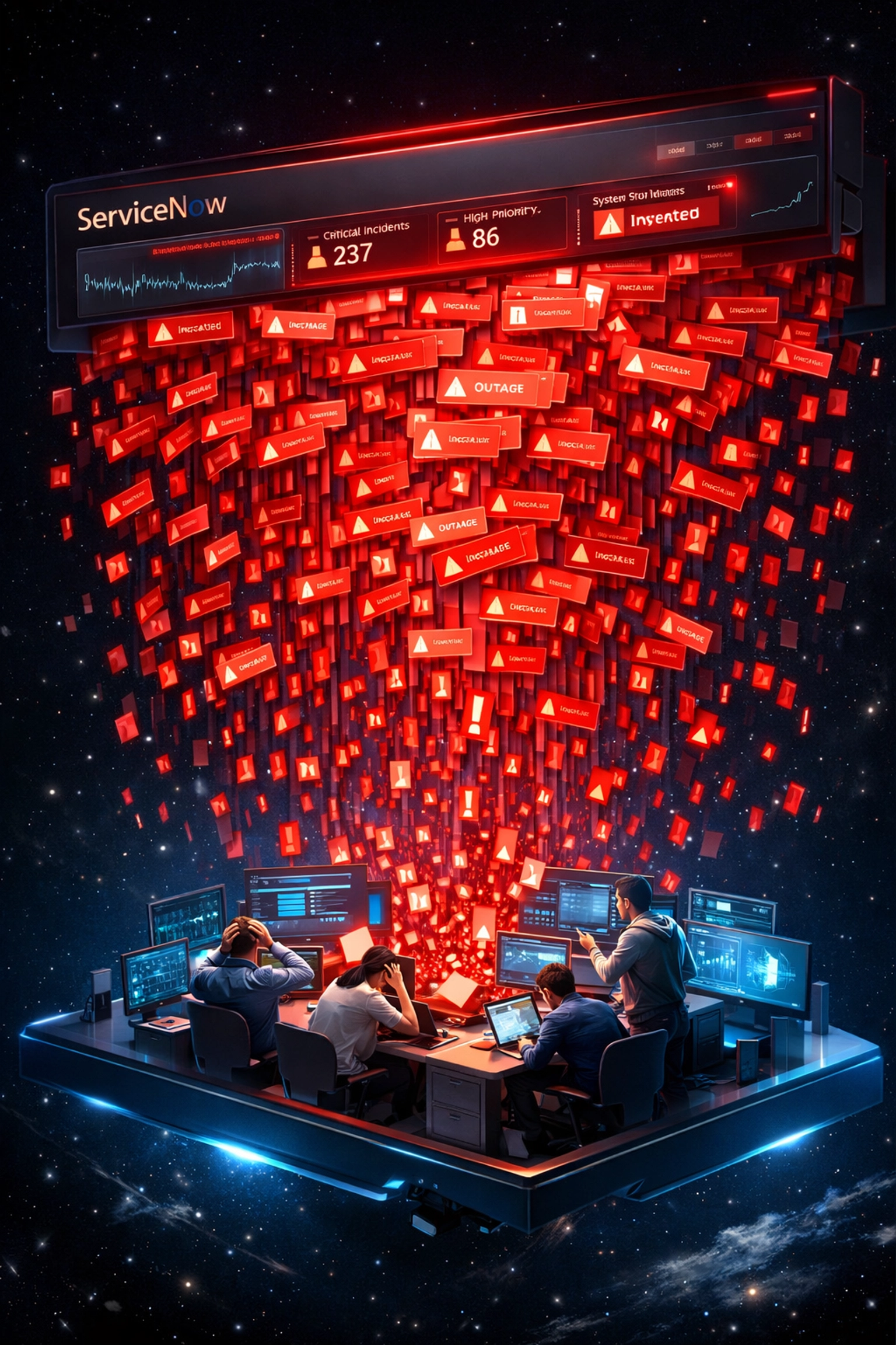 ServiceNow operations dashboard overwhelmed with alert notifications and incident tickets