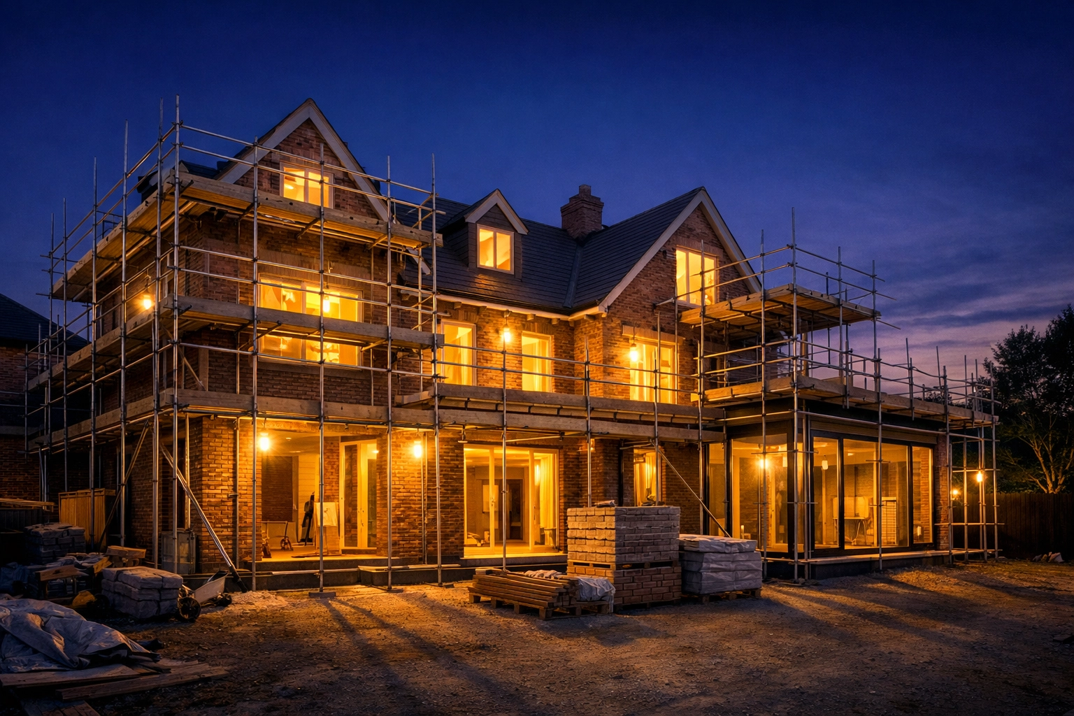 A secure and tidy residential construction site in Bognor Regis with professional scaffolding.