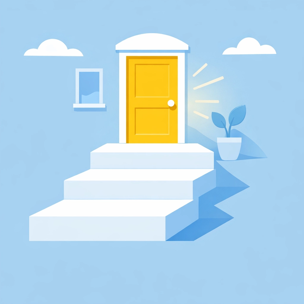 Escalones hacia la puerta de una casa nueva que muestran cómo mejorar mi crédito rápido.