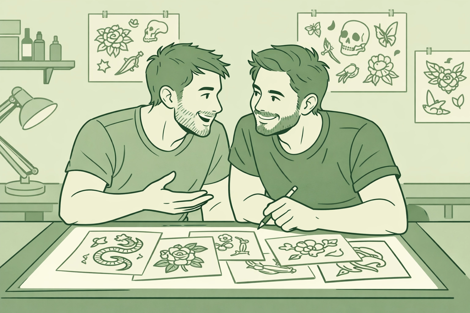 Male couple collaborating on tattoo designs together in creative partnership