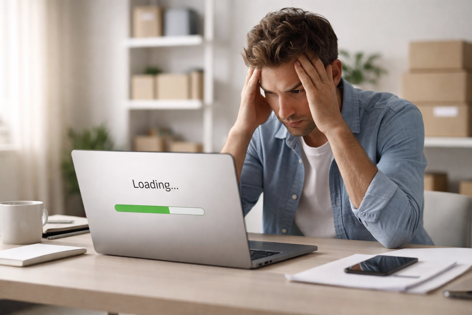 Frustrated Seaham business owner at a desk facing slow website support from a big agency