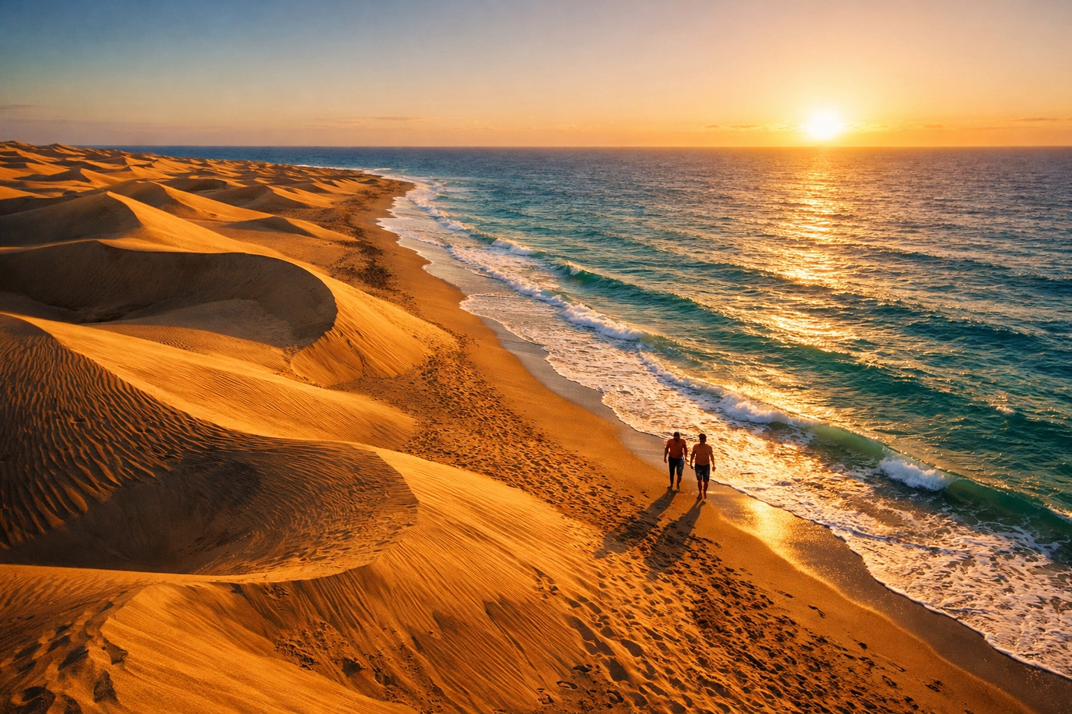 Two men walking along golden Maspalomas dunes at sunset beach