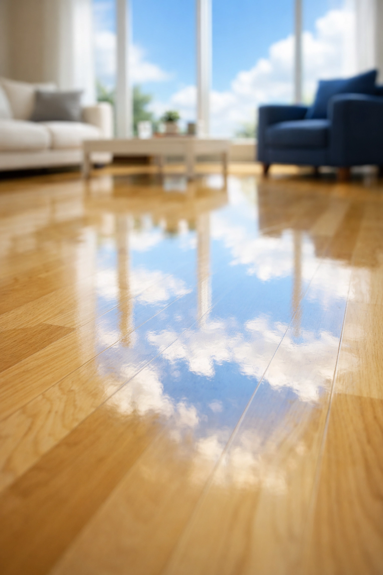 Shiny streak-free hardwood floors in a sun-lit living room cleaned with natural solutions.