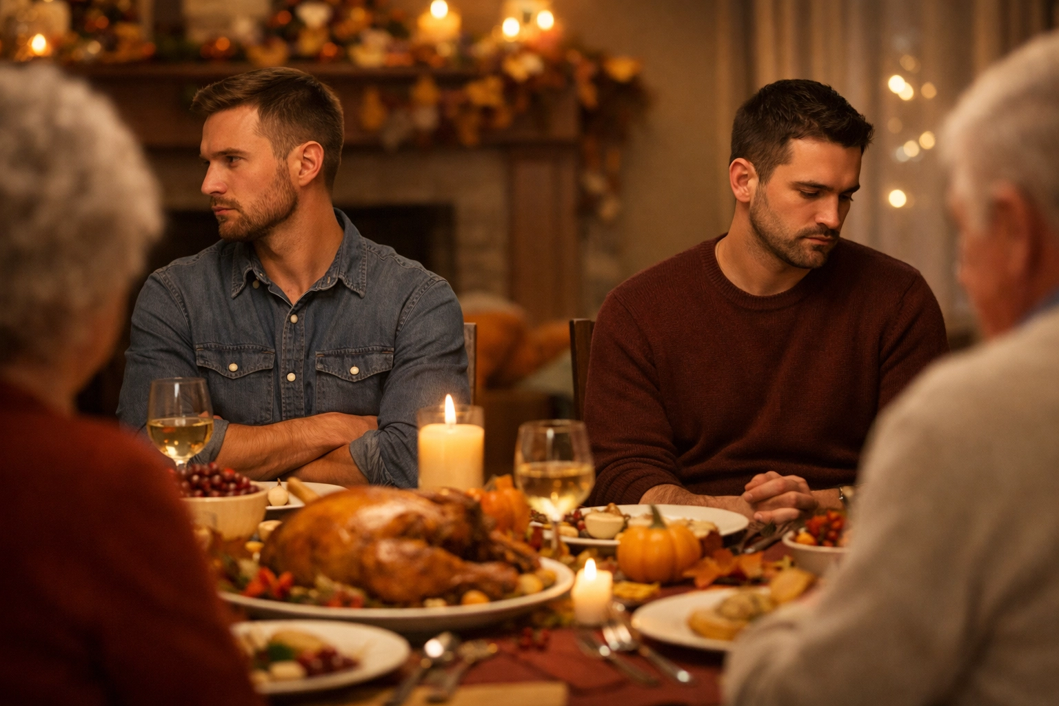 Gay partners sitting apart at Thanksgiving dinner table - hidden MM relationship tension