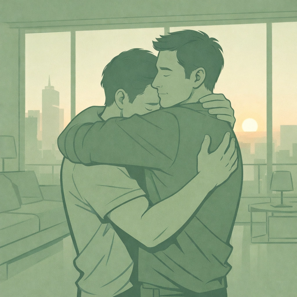 Gay couple embracing in contemporary setting symbolizing emotional breakthrough in MM fiction