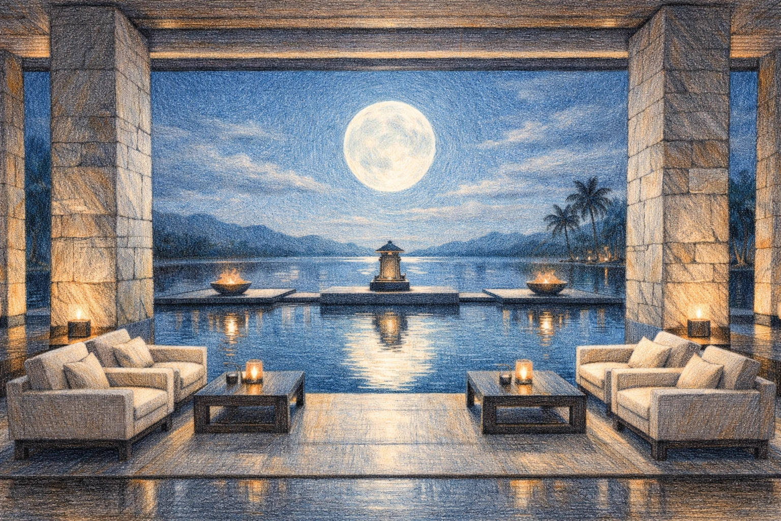 Serene luxury hotel lobby with a minimalist water feature and natural stone architecture.