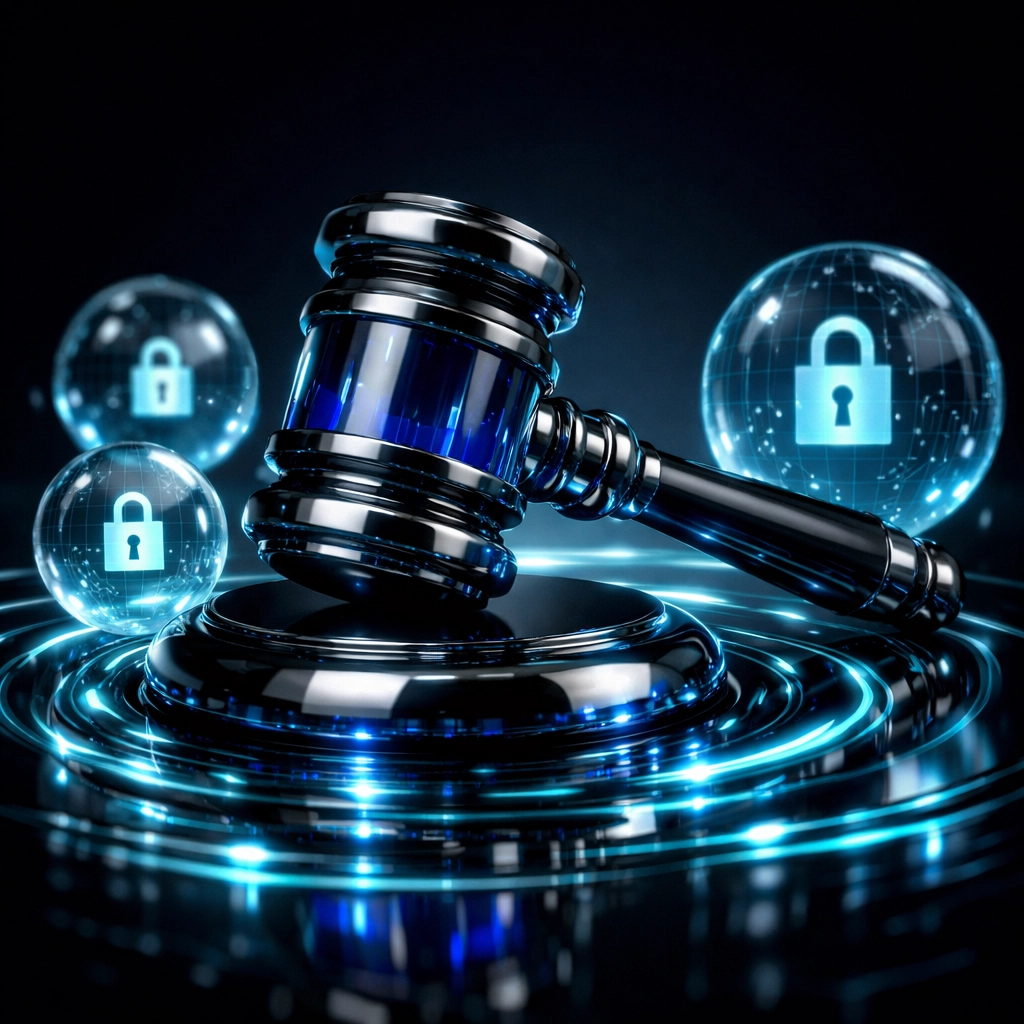 Chrome legal gavel with digital security shields highlighting data integrity and local SEO services.