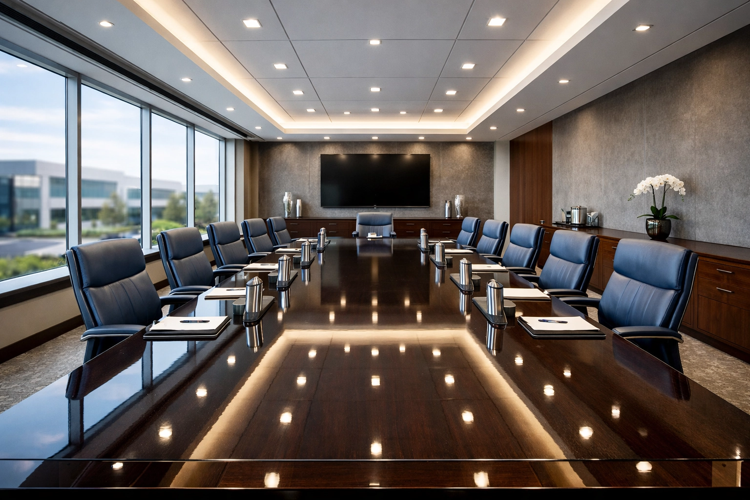 Immaculate corporate boardroom table after deep office cleaning in Westborough for a professional workspace.