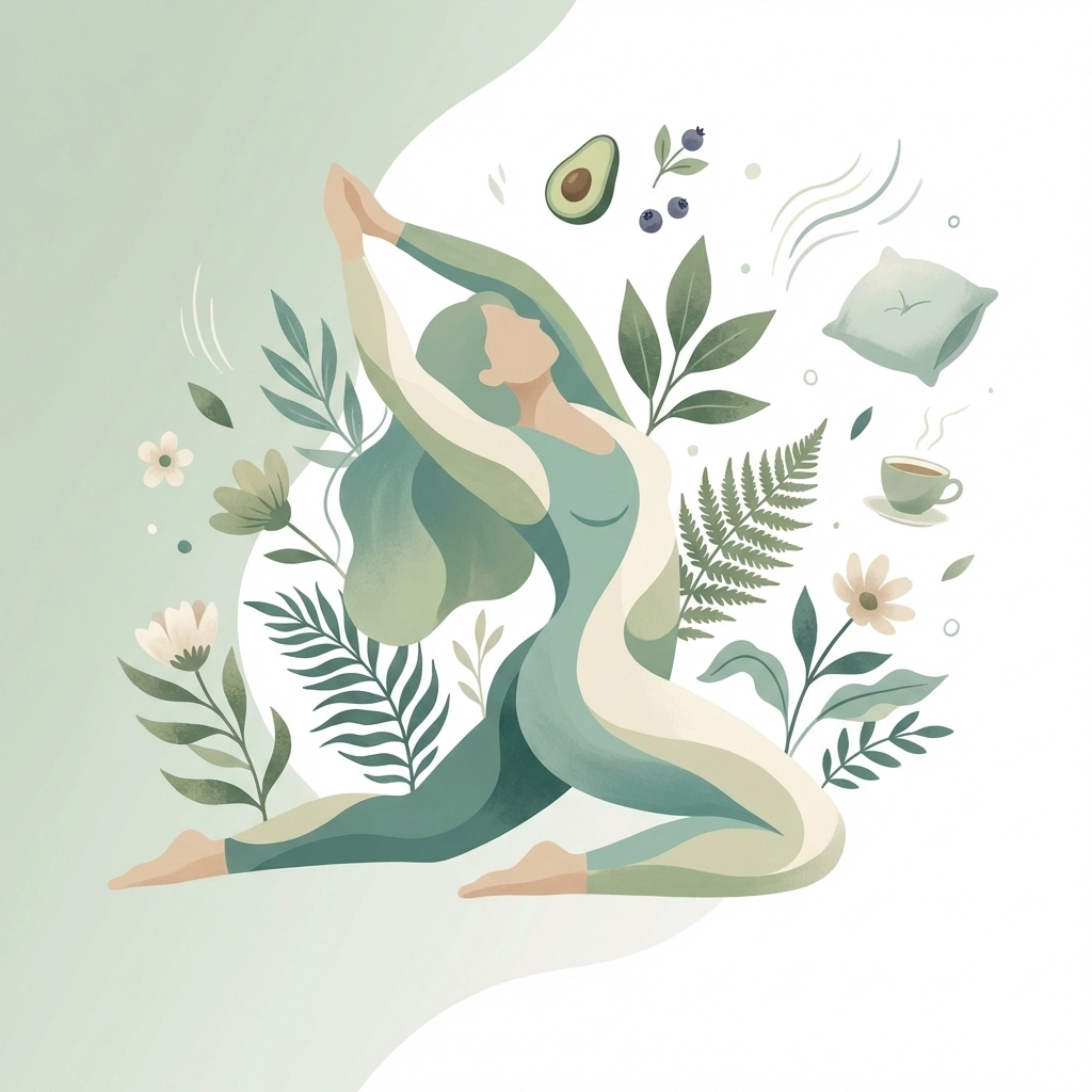 Serene illustration of a person gently moving among botanical elements, symbolizing the effect of exercise, nutrition, and rest on holistic wellness.
