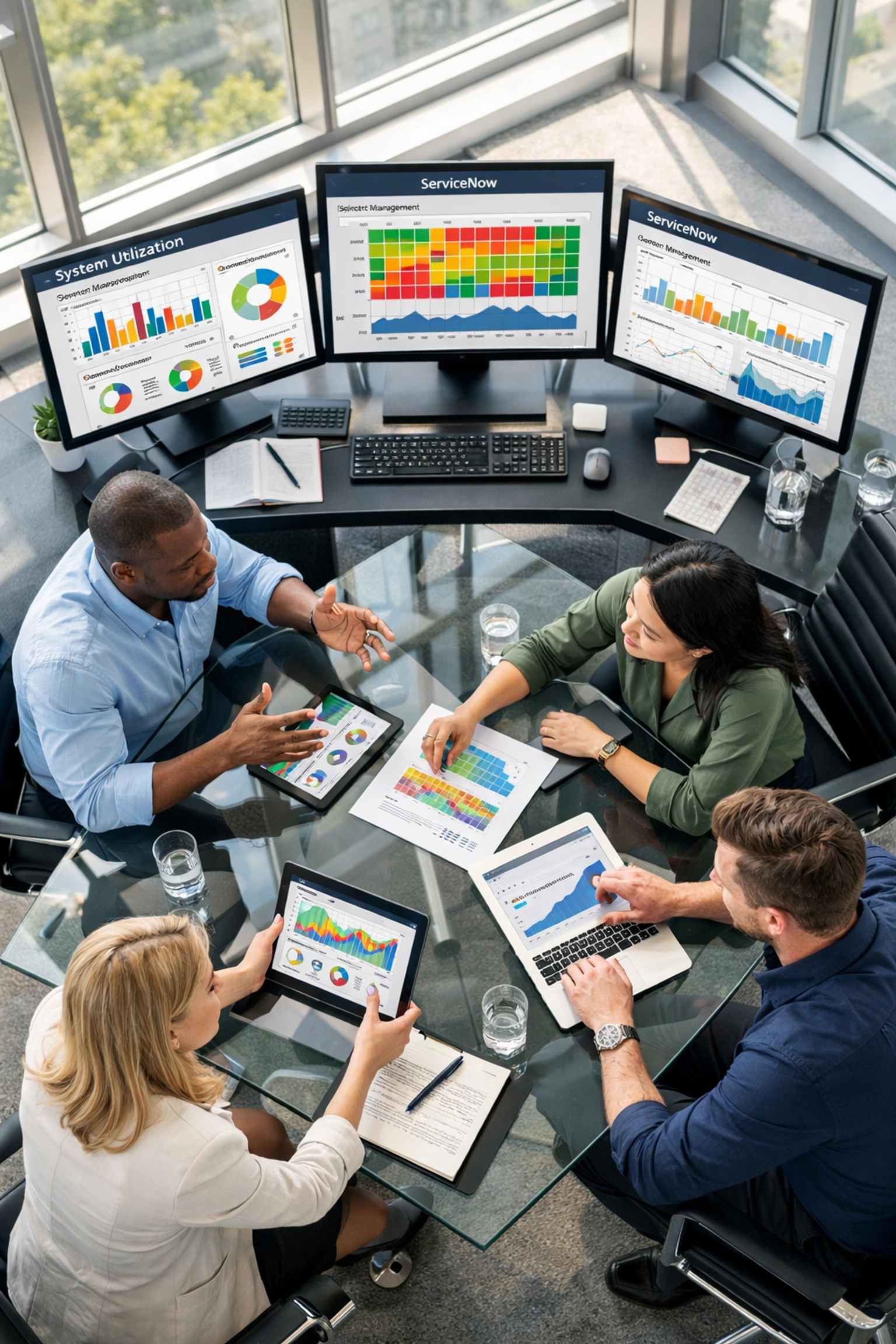 IT team analyzing ServiceNow ITOM dashboards for license utilization and cost optimization