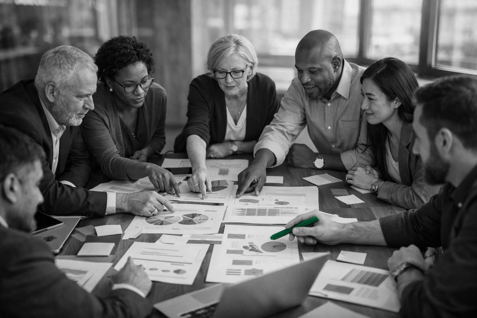 Nonprofit leadership team collaborating on strategic planning and execution at conference table