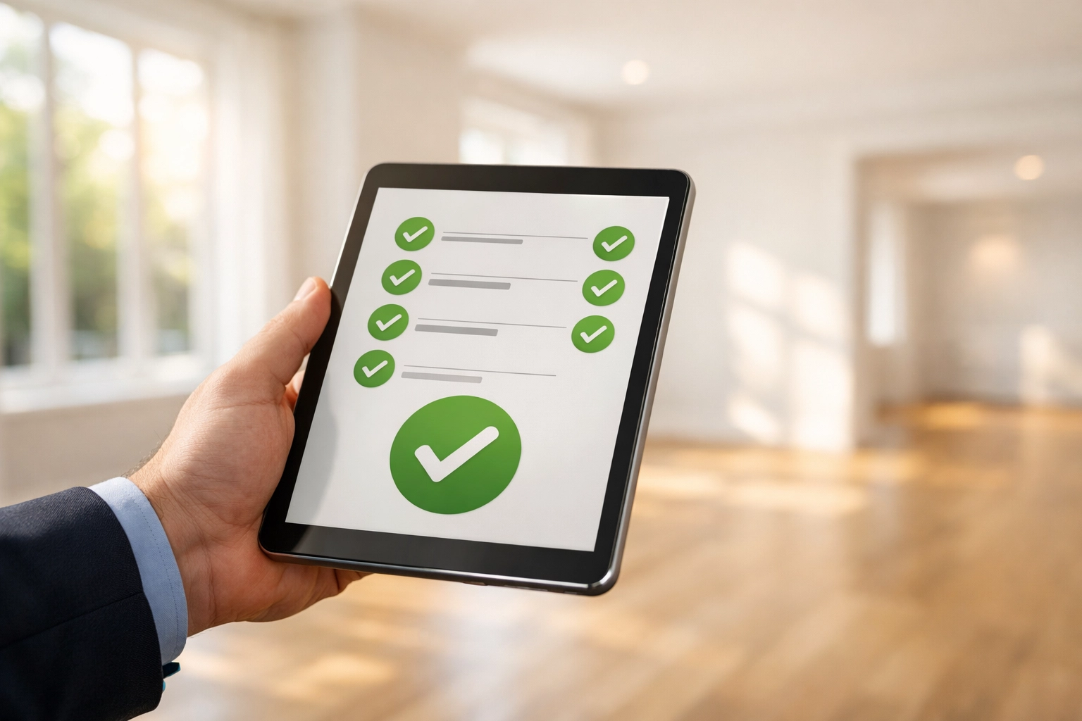 Digital property inspection checklist on a tablet in a move-in ready Midwest apartment with hardwood floors.