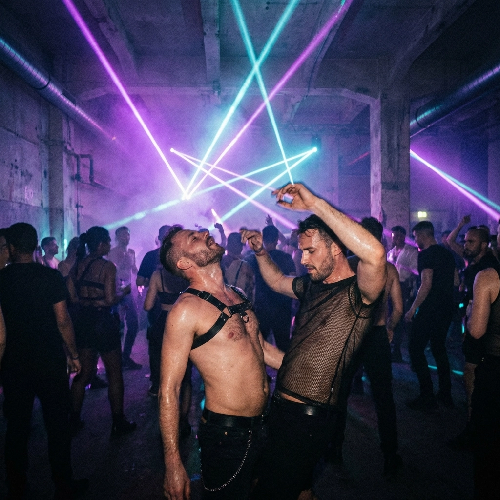 Queer men in leather fashion dancing in a dark Berlin techno club with neon lighting.
