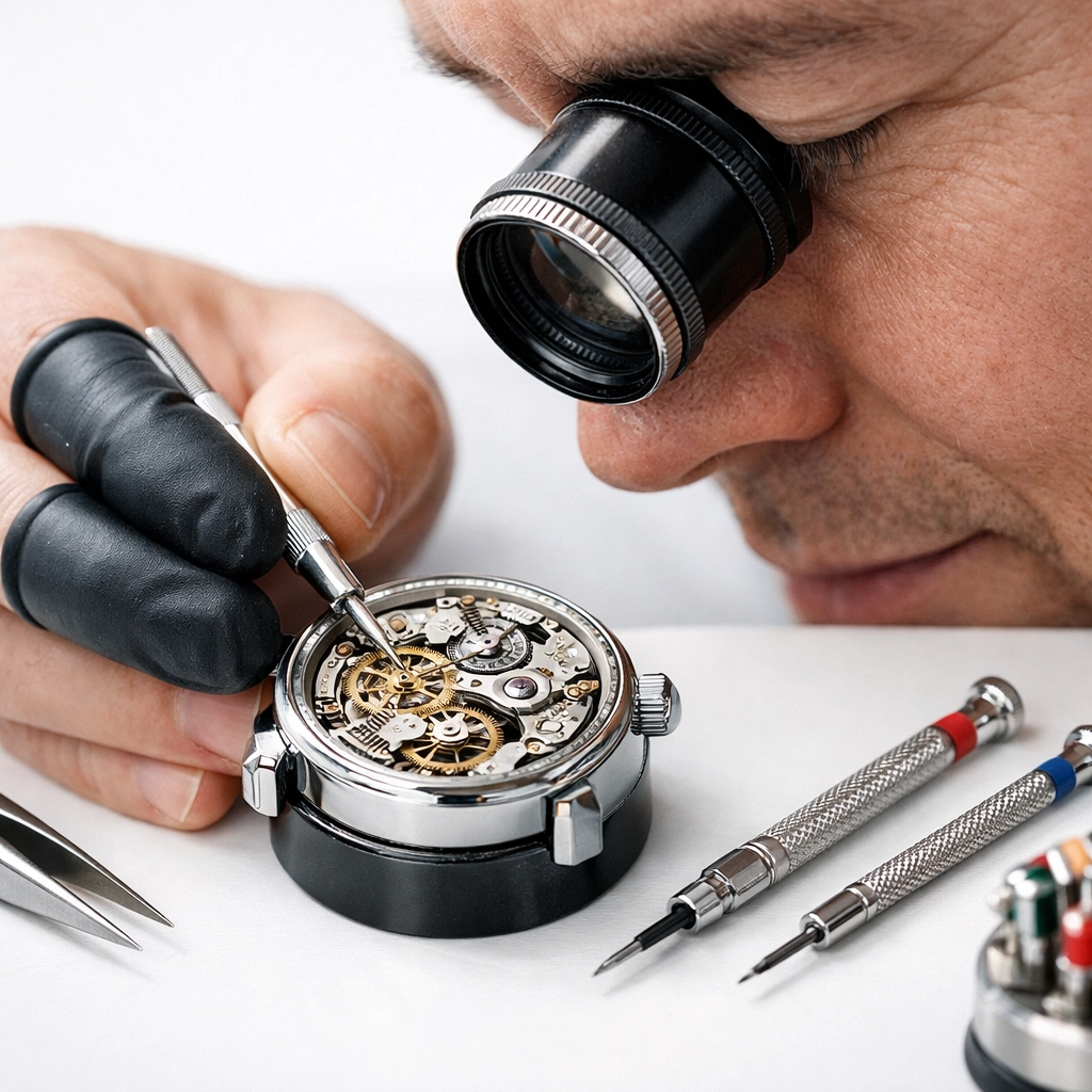 Watchmaker authenticating luxury watch movement with precision tools and loupe
