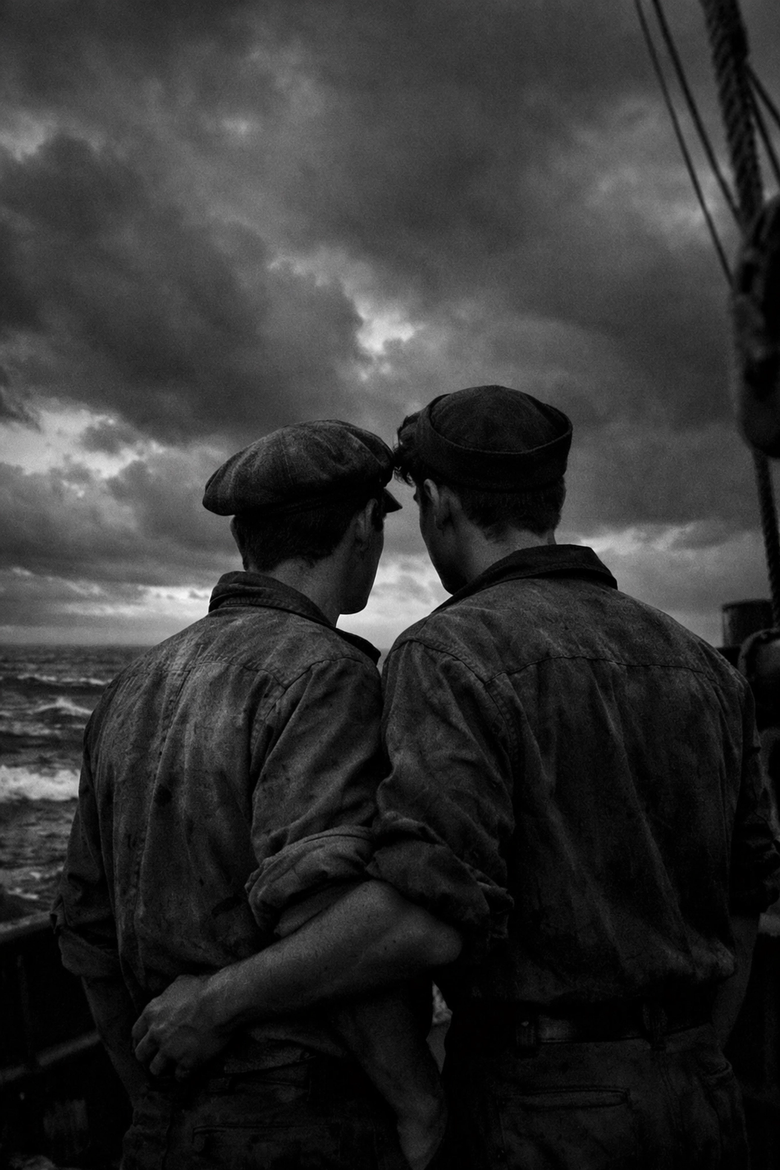 Two WWII merchant marines share an intimate moment on deck during wartime Atlantic crossing