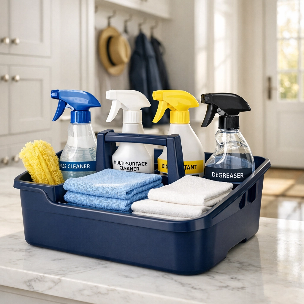 Professional cleaning caddy with organized supplies representing a vetted and secure house cleaning team.