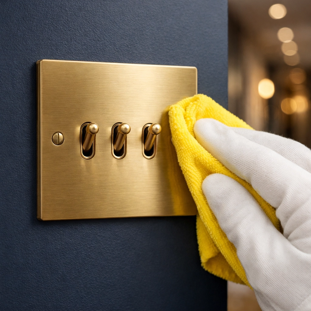 Detailed deep cleaning in Hingham of a brass light switch using a microfiber cloth and professional glove.