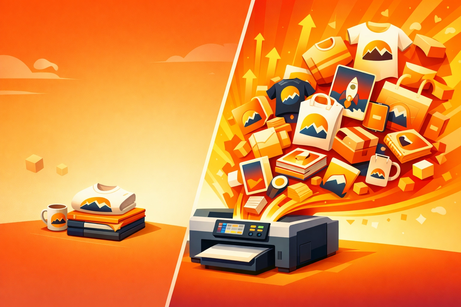 Print-on-demand scalability showing growth from small to large product output volumes