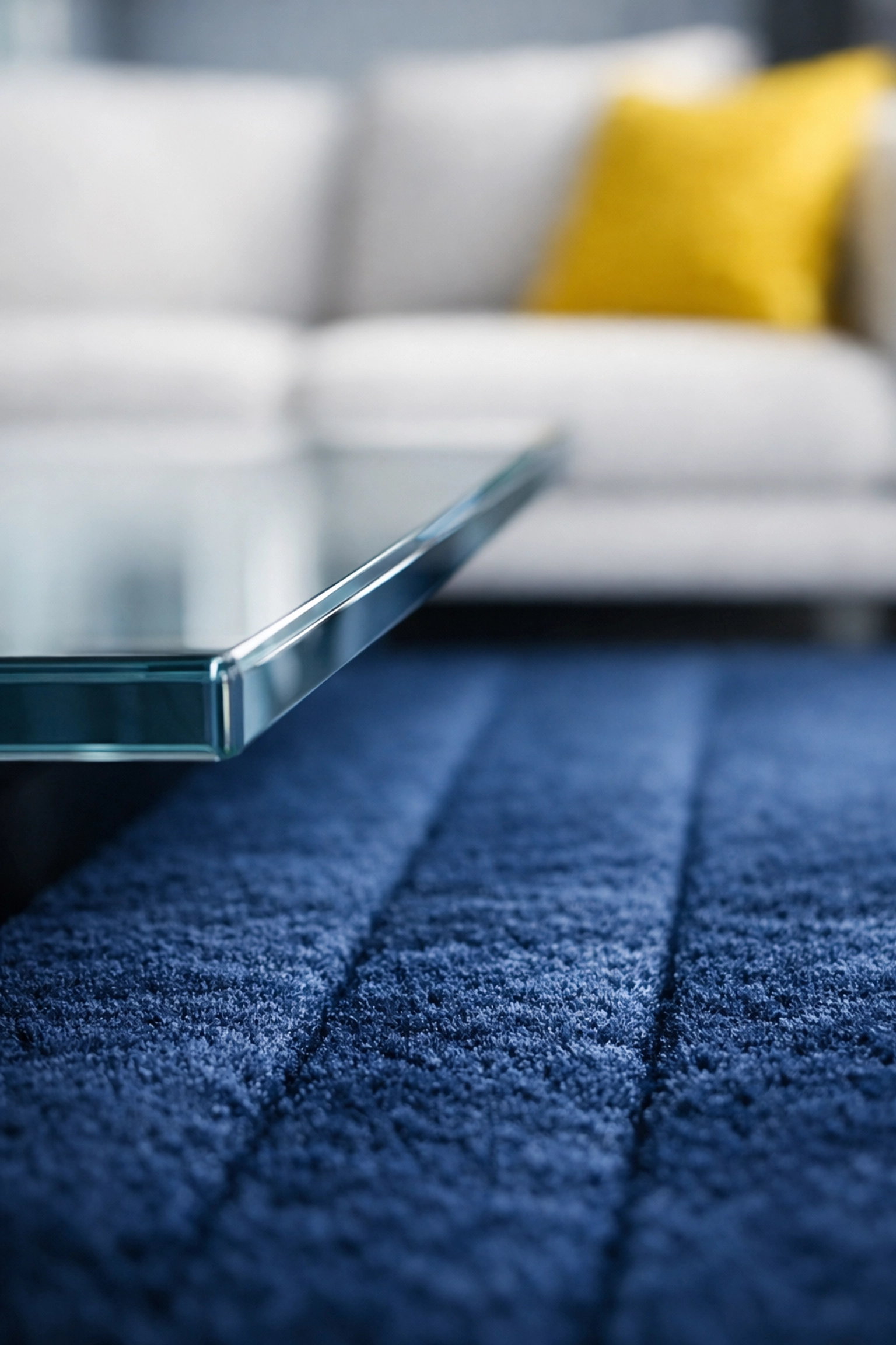 Perfectly vacuumed navy rug and clean glass table showing expert house cleaning in Wellesley.