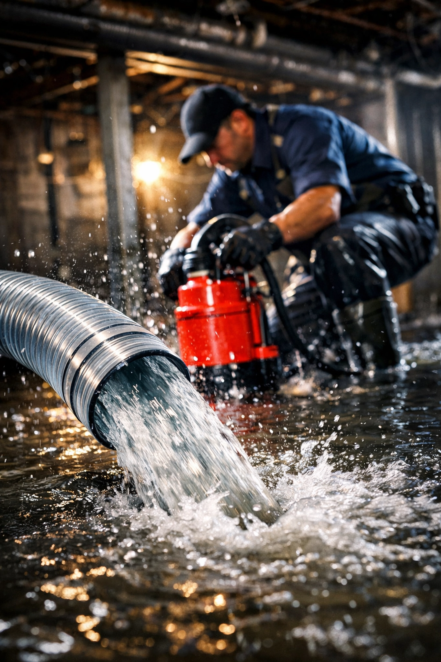 Industrial water extraction equipment removing standing water from flooded basement in Delaware