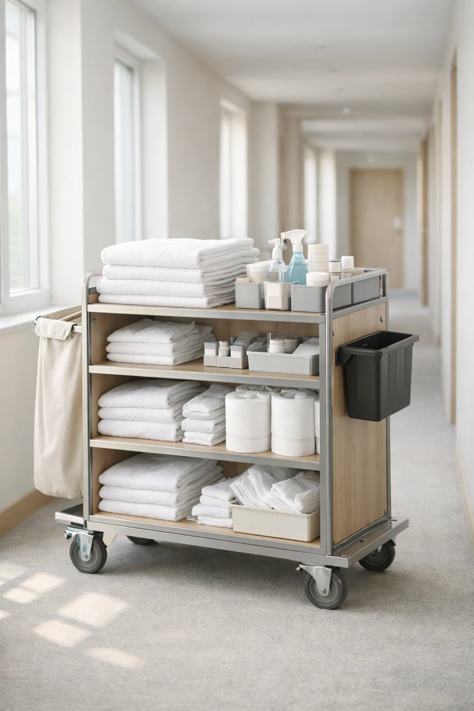 Hotel housekeeping cart in corridor ready for automated room service coordination