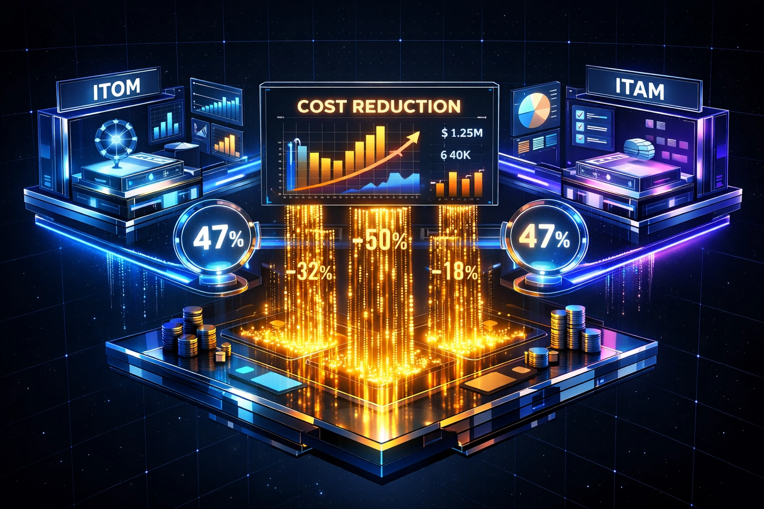 ServiceNow ITOM and ITAM integration dashboard showing 47% cost reduction through automated workflows