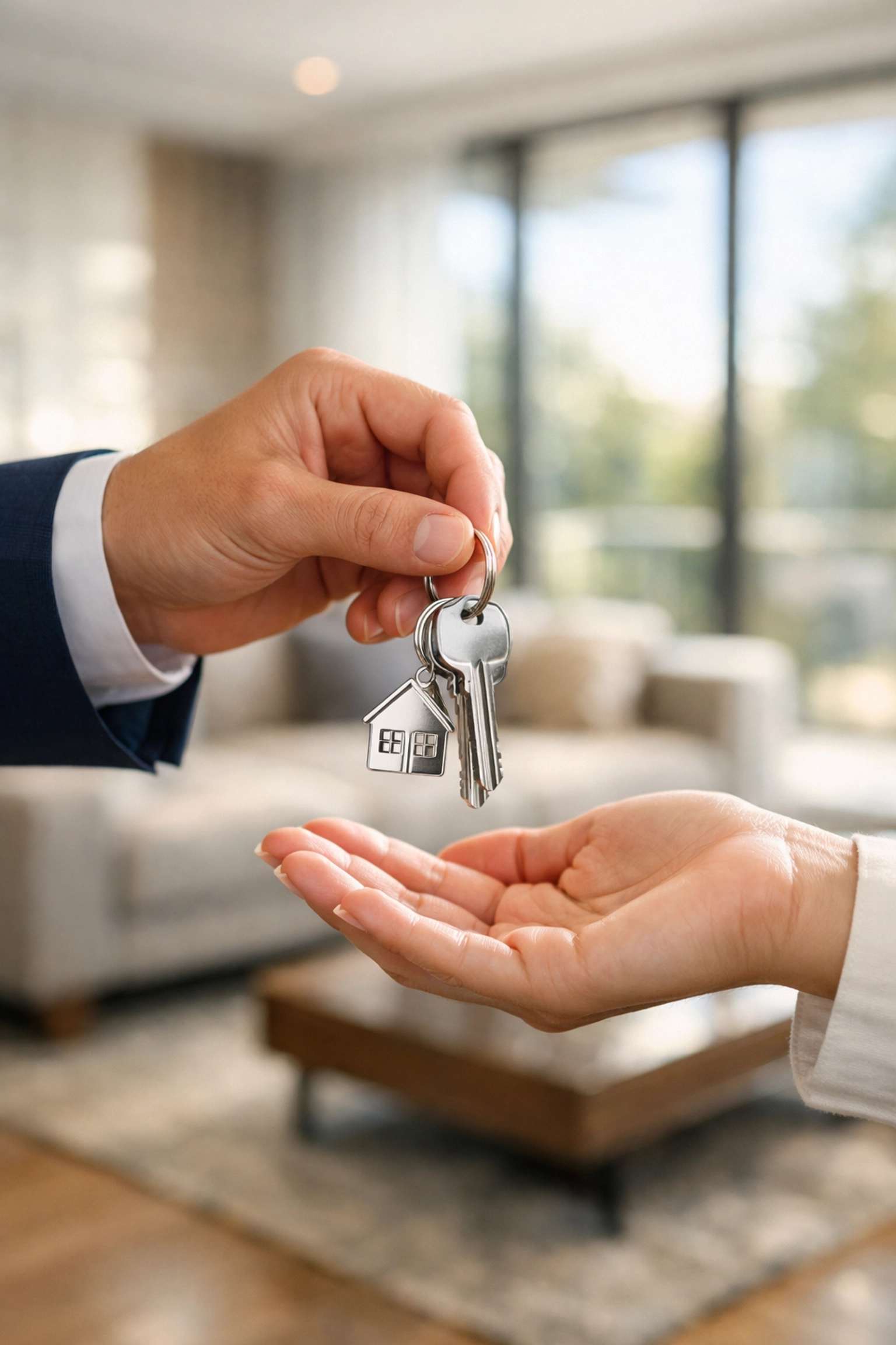 Realtor handing keys to a new homeowner in a sunlit living room during the process of buying a home in Orlando.