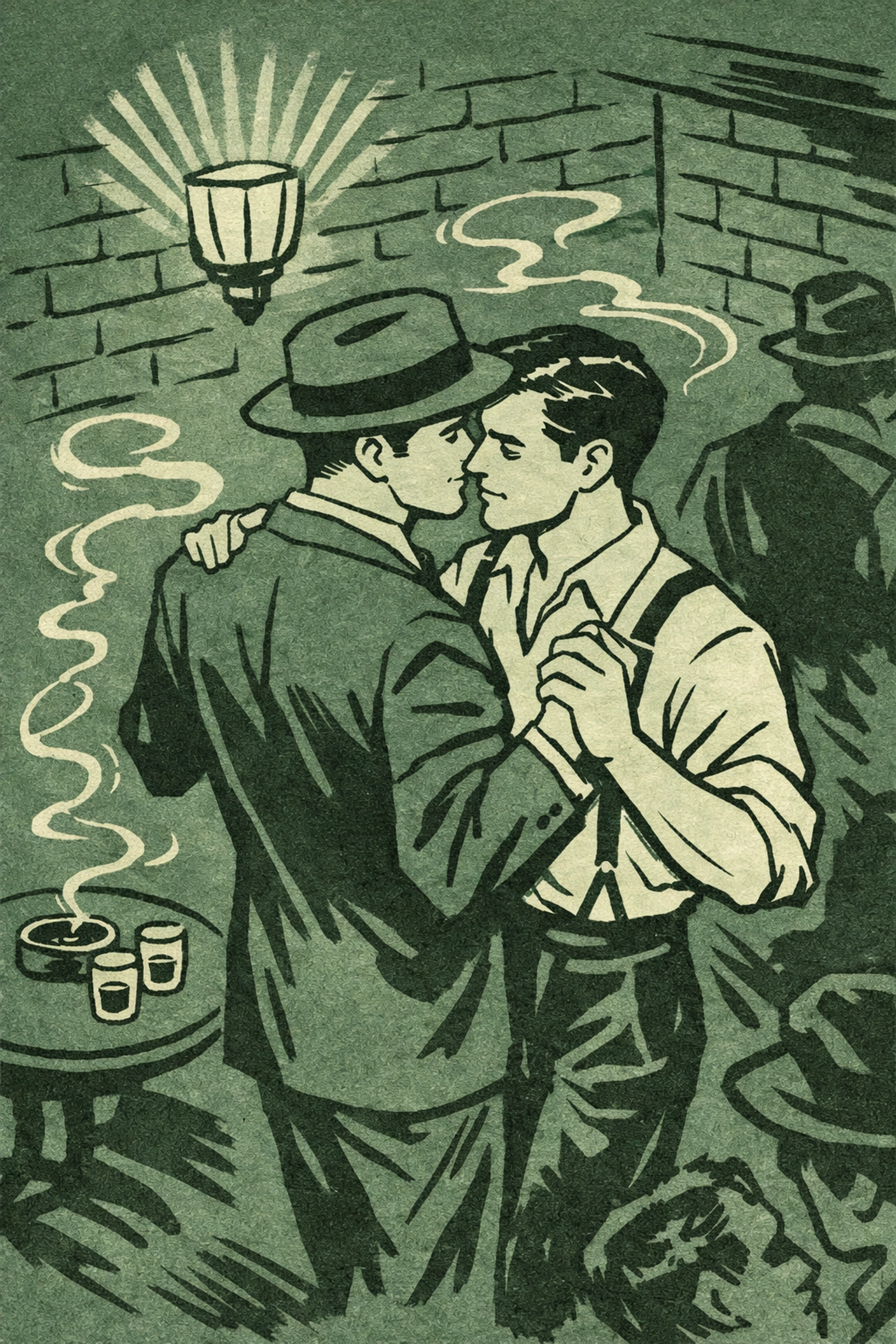 Two men dancing intimately in 1930s Soho underground gay club during Caravan Club era