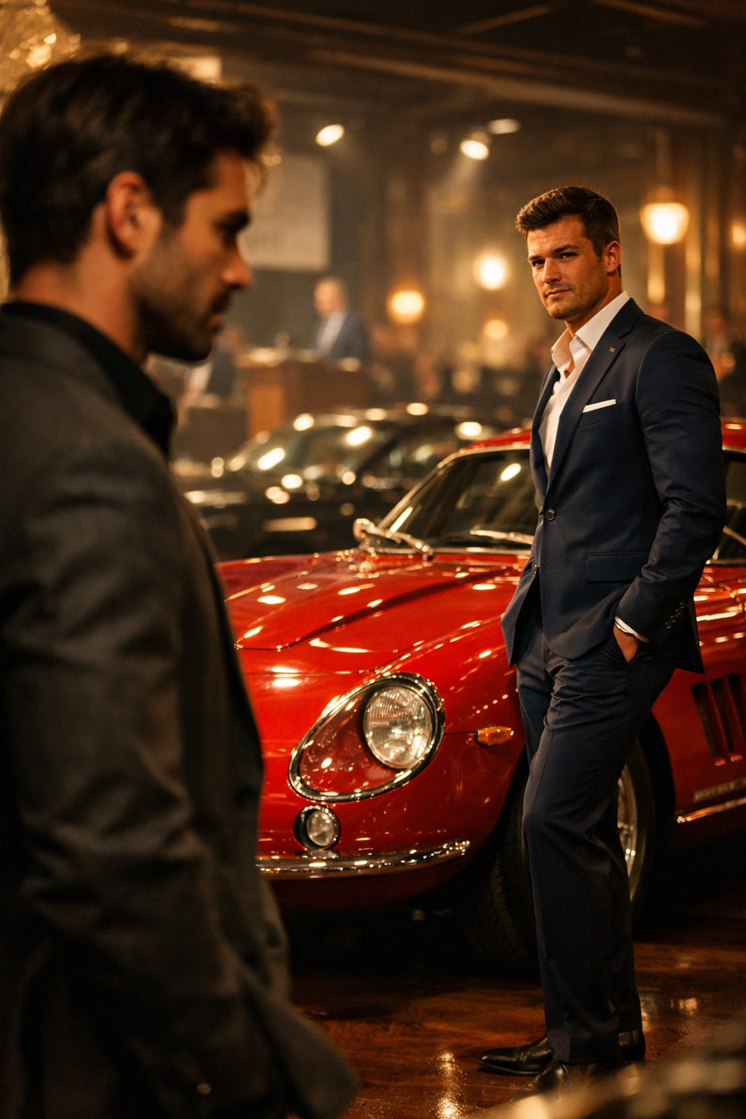 Two gay car collectors at luxury auction eyeing vintage Ferrari in MM romance rivalry