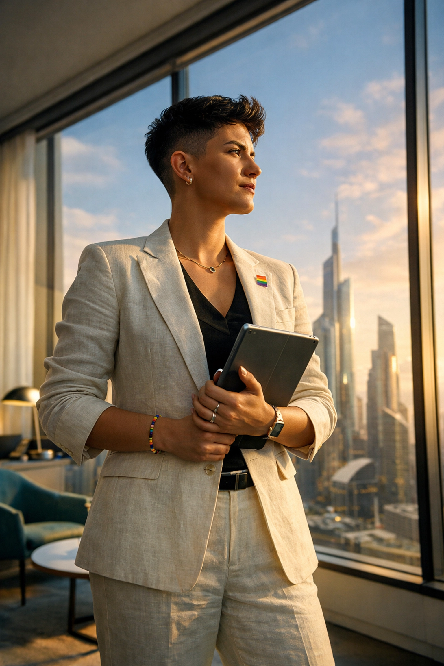 A non-binary professional looking over a city skyline, representing queer leadership and career growth.