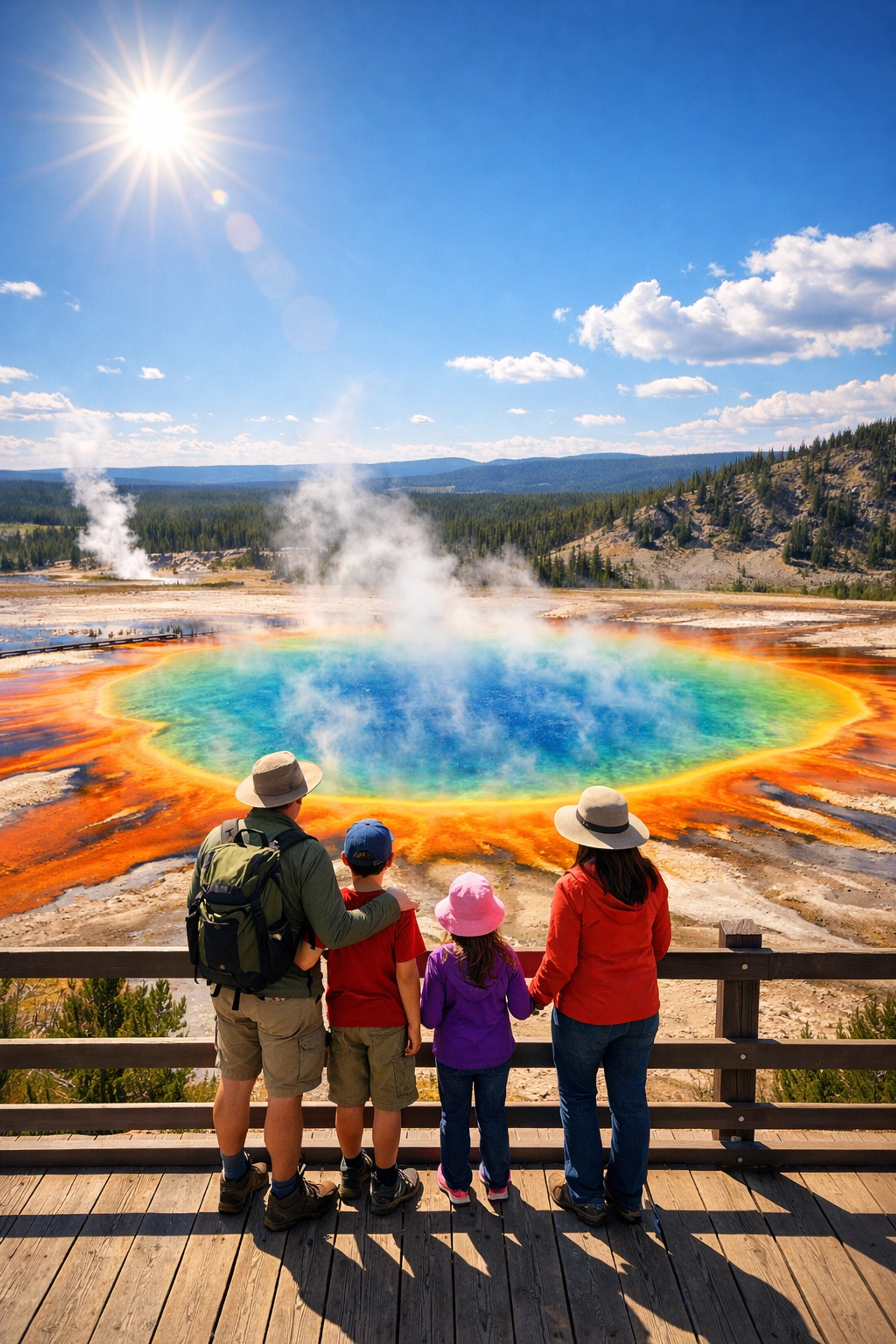 The Ultimate Guide to Family Travel Activities: Everything You Need to Succeed at Finding the Best Photo Spots 3 Family overlooking the Grand Prismatic Spring in Yellowstone, a top nature photo spot.
