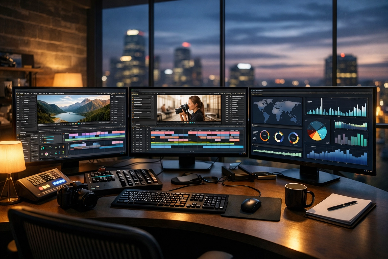 Professional media production control room showcasing automated video editing and content workflows.