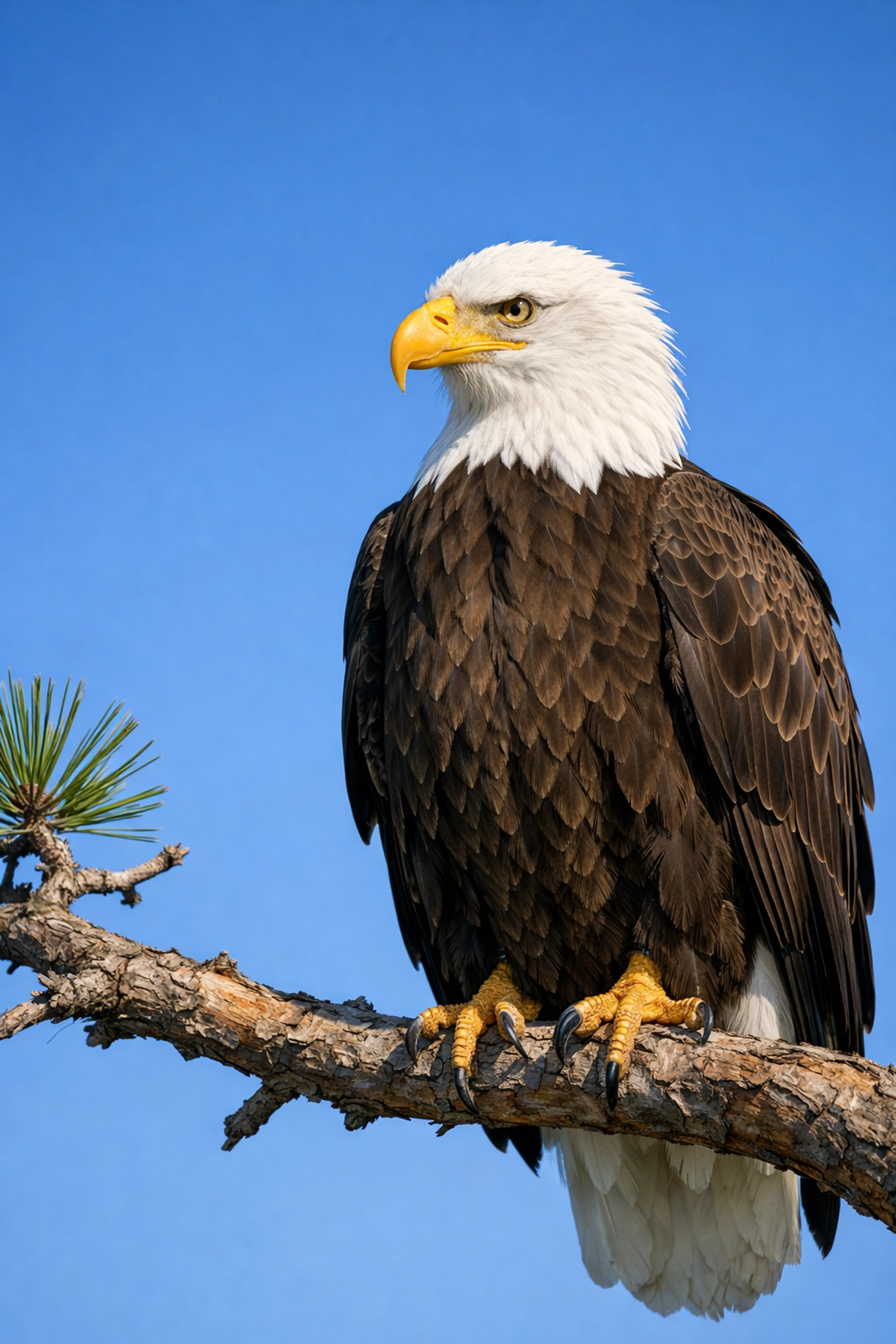 A bald eagle perched on a pine branch representing successful wildlife recovery and legal protection.