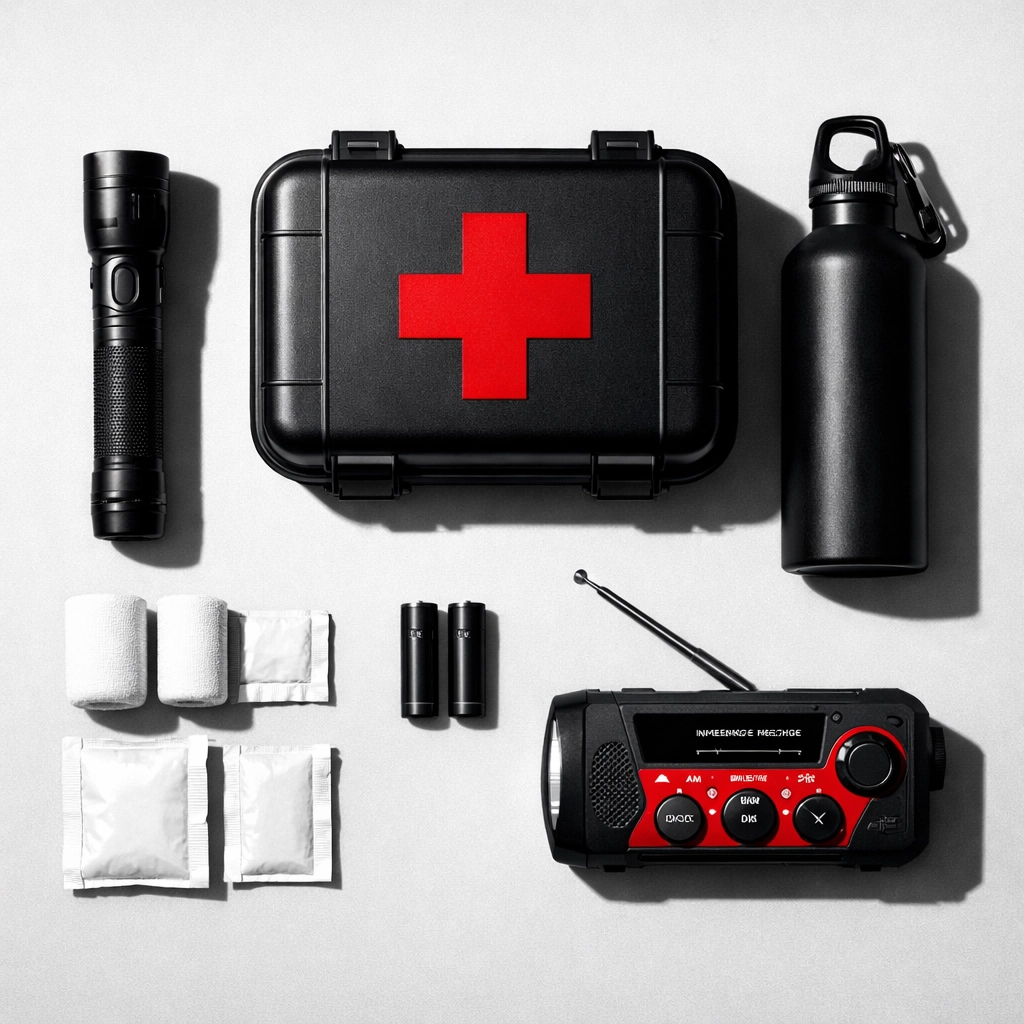 Professional storm emergency kit layout featuring essential survival supplies for Chattanooga homeowners.