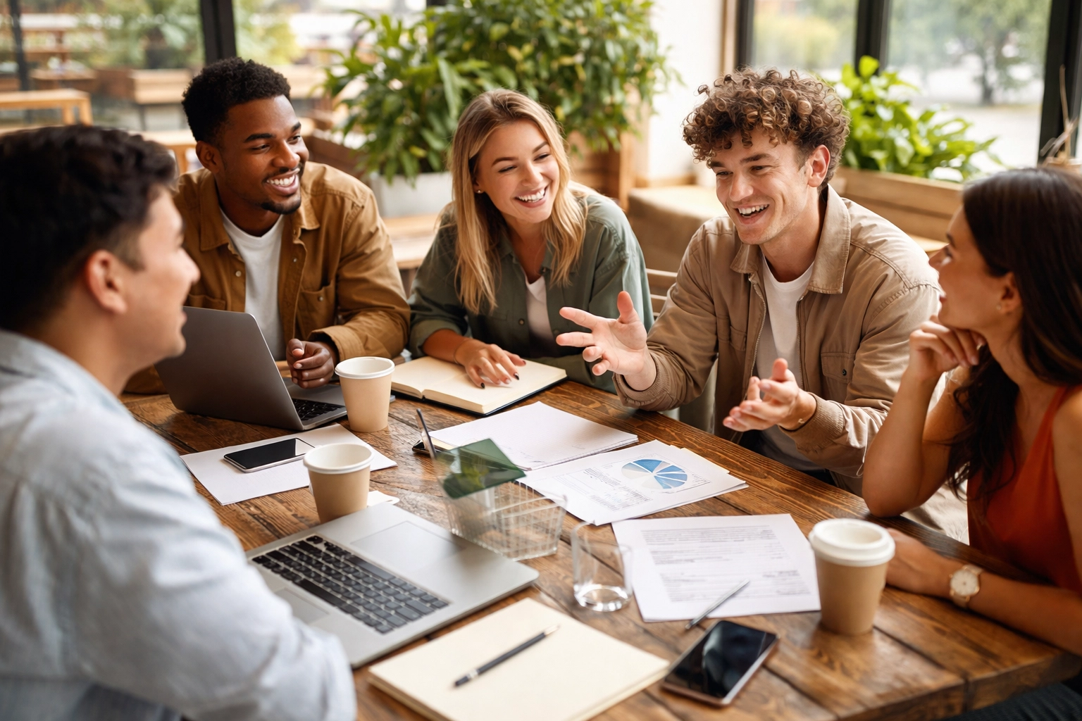 Group of young founders collaborating on a startup in a bright café, discussing business ideas