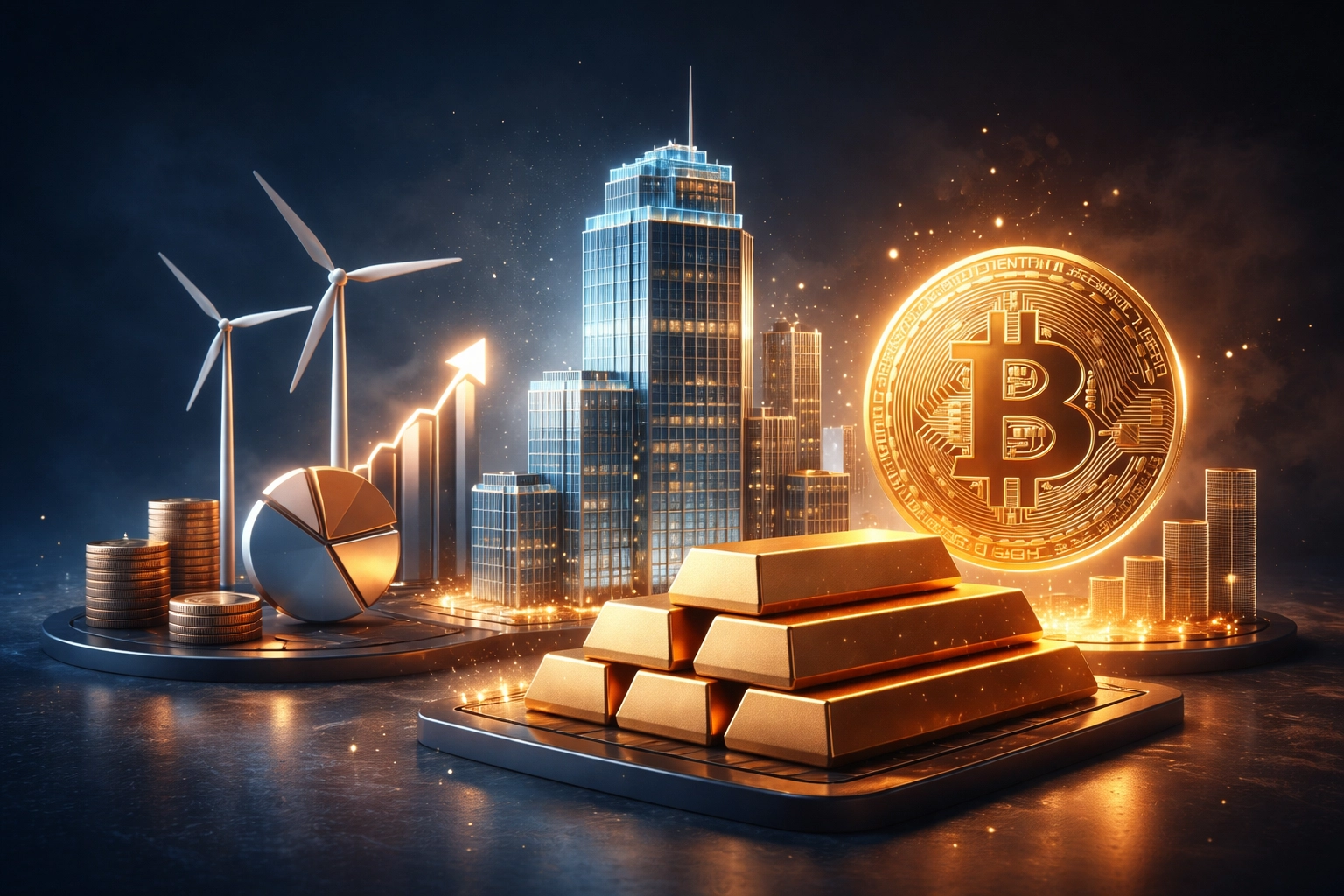 Diverse investment assets including real estate, gold, and Bitcoin representing institutional alternative investments.