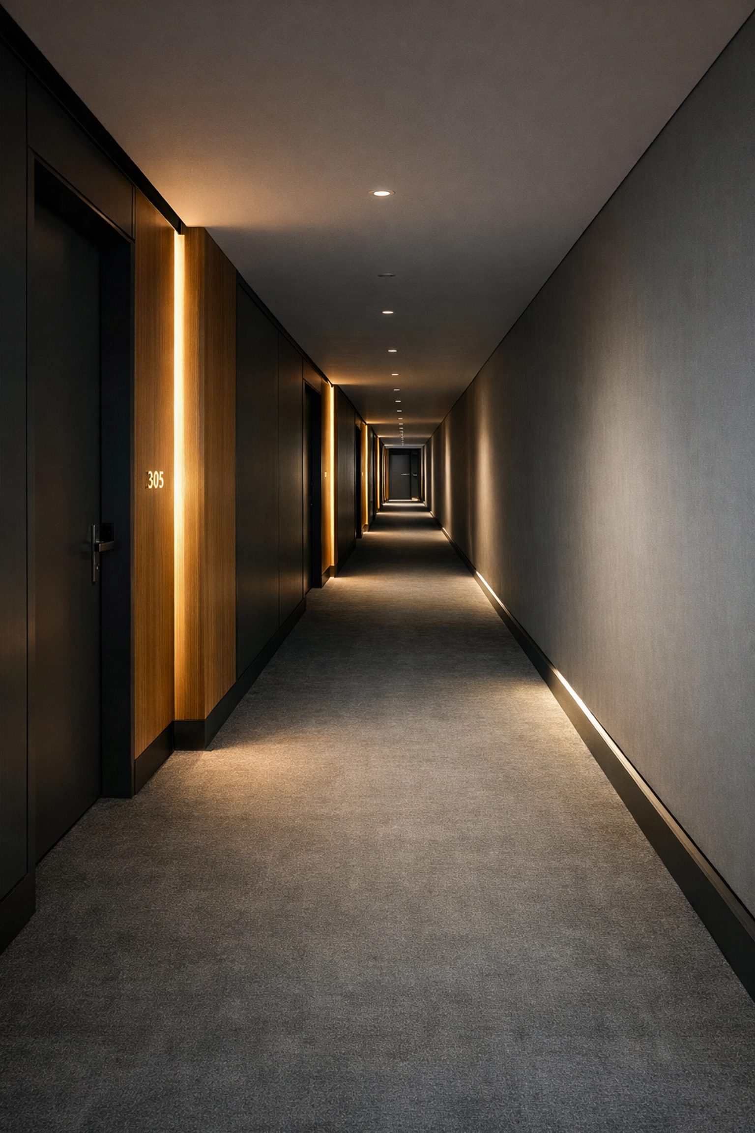 Energy-efficient hotel corridor lighting, highlighting travel tech innovation for net-zero hospitality.