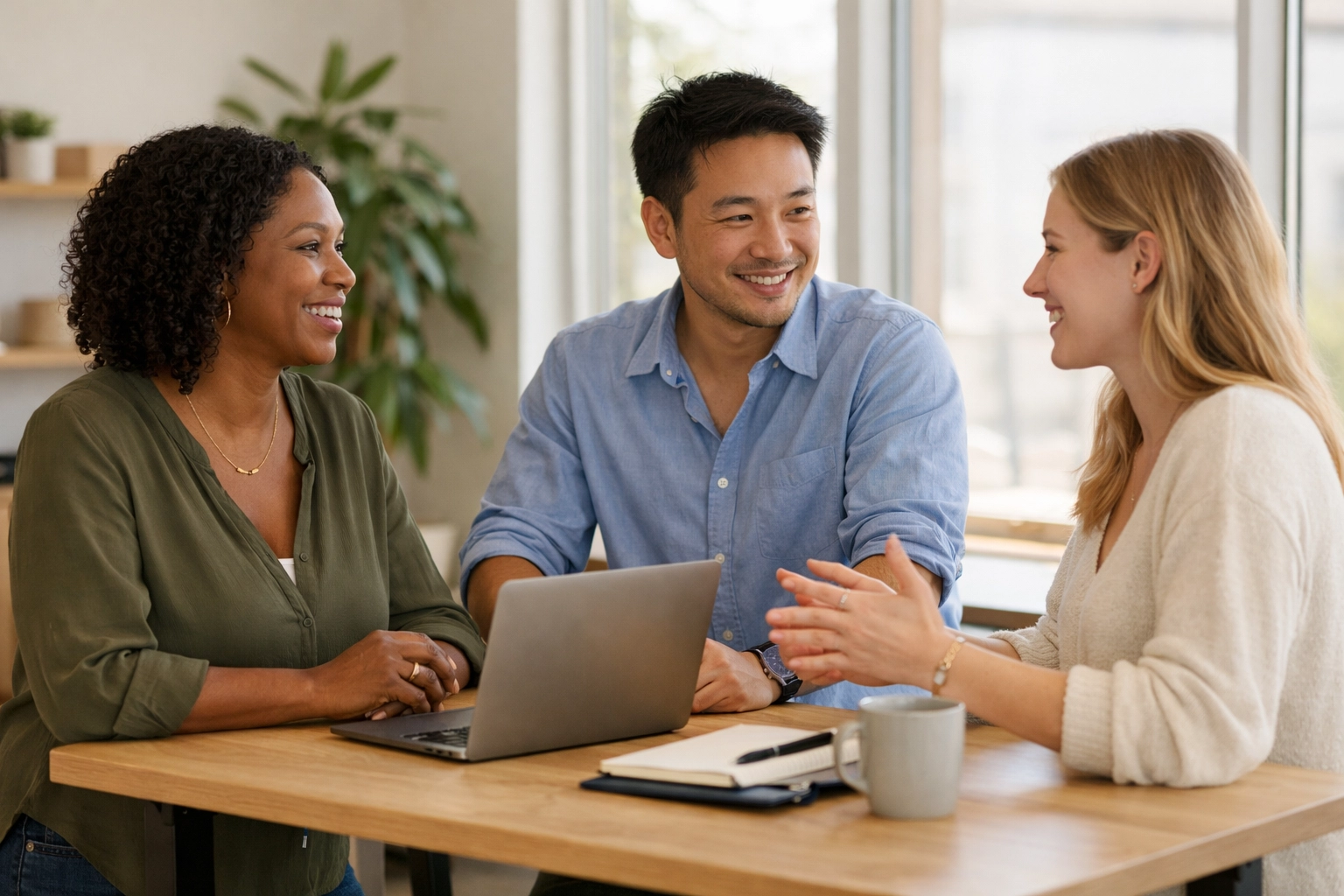 Diverse business team building relational currency through authentic workplace conversation