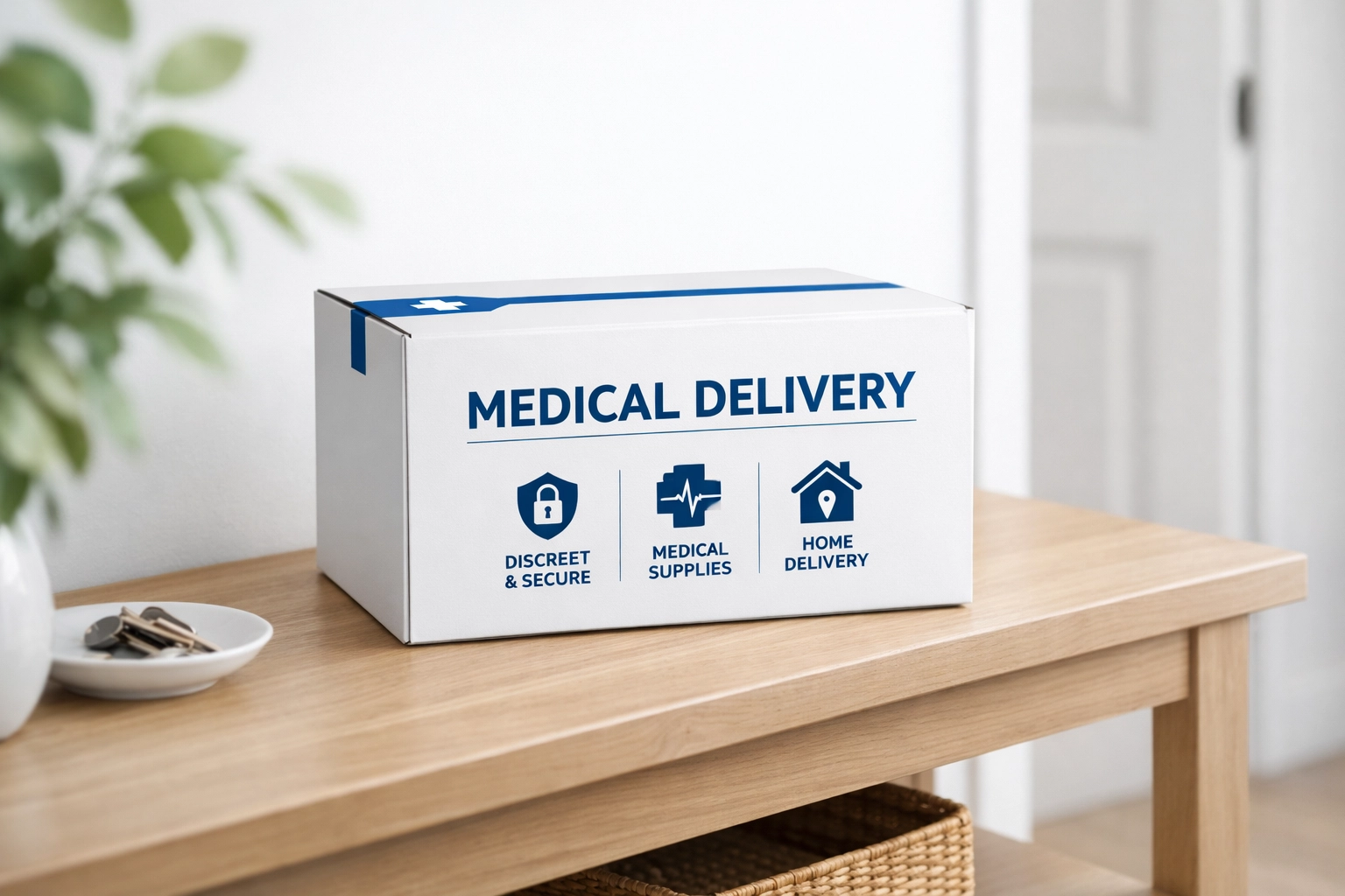 Discrete home delivery box for medical weight loss prescriptions like semaglutide and tirzepatide.