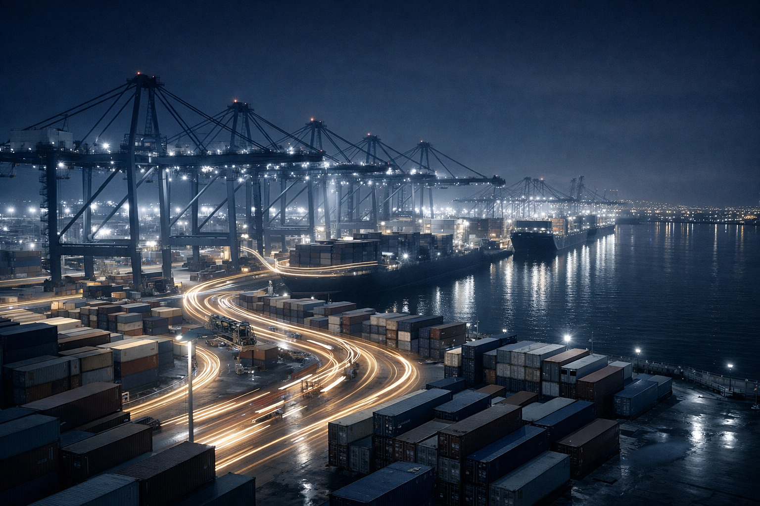 Night scene of a Pacific port illustrating the global trade infrastructure connecting Korean brands to American markets.