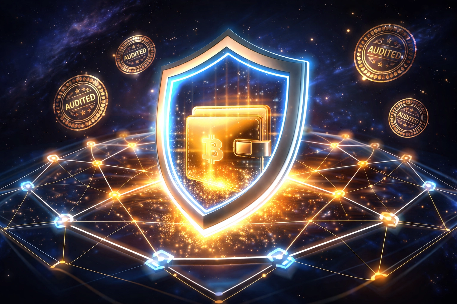Glowing digital shield securing a cryptocurrency wallet emphasizes Larecoin’s compliance, trust, and secure crypto payments.