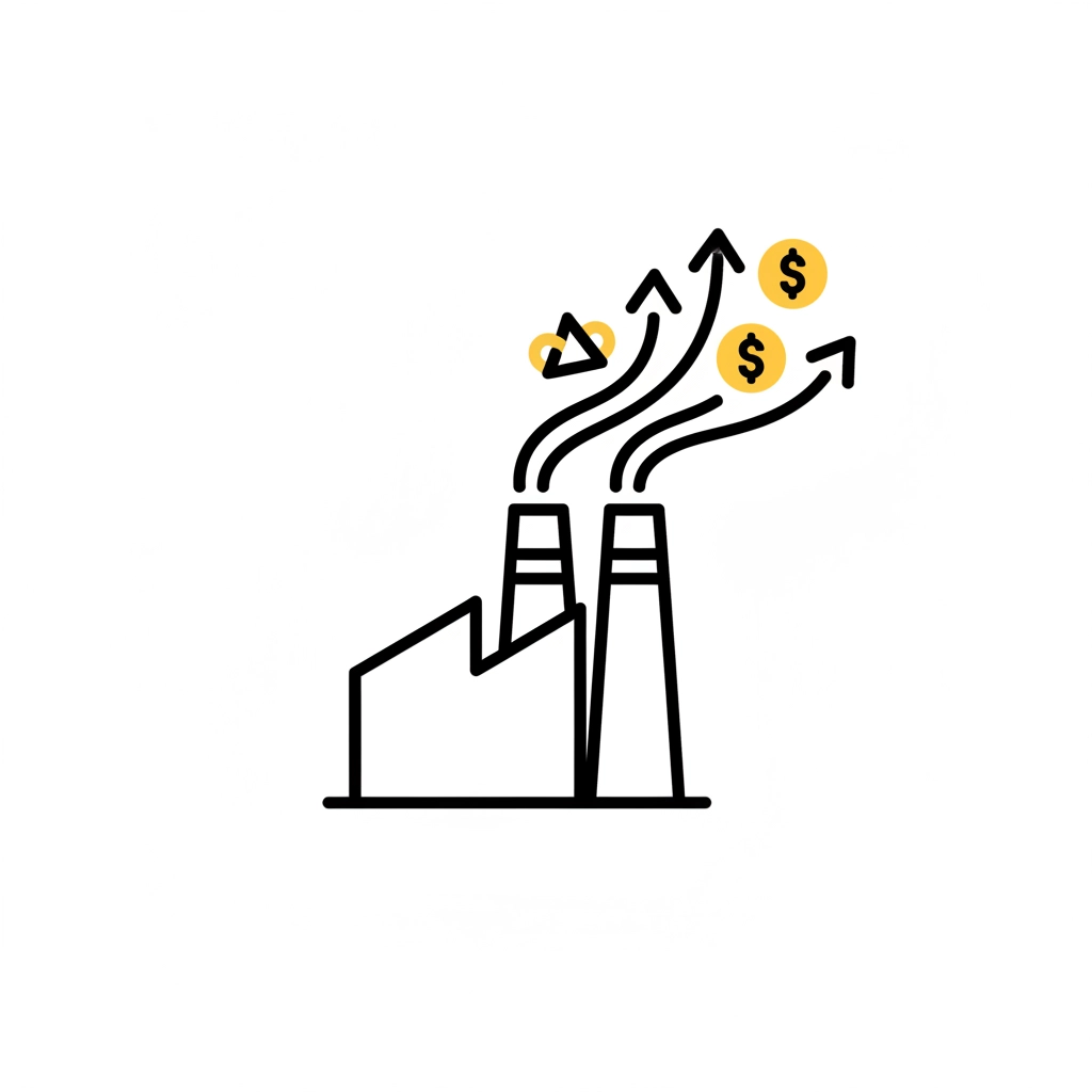 Factory with smoke stacks emitting arrows and dollar signs, suggesting financial growth. Black and yellow on a white background.