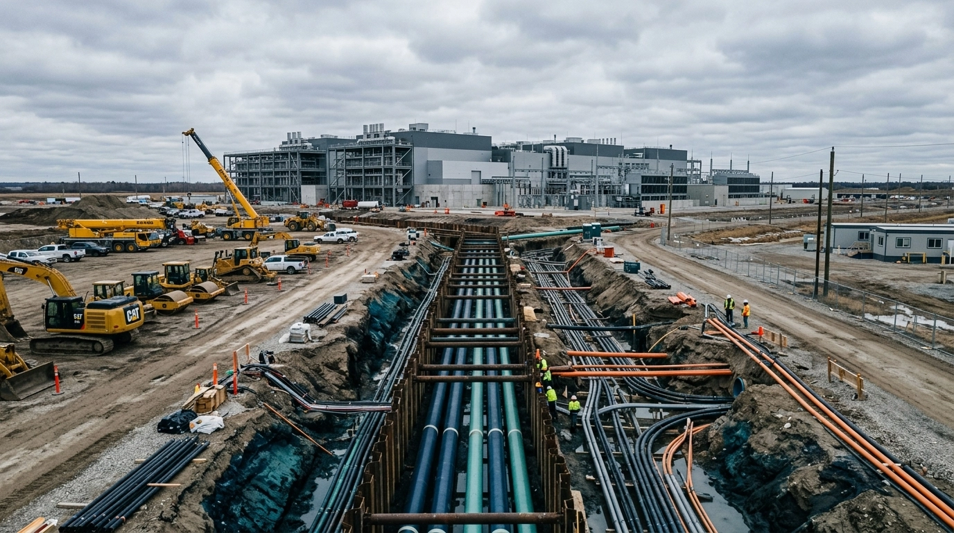 Trenches and electrical conduit leading to a large data center facility under construction.