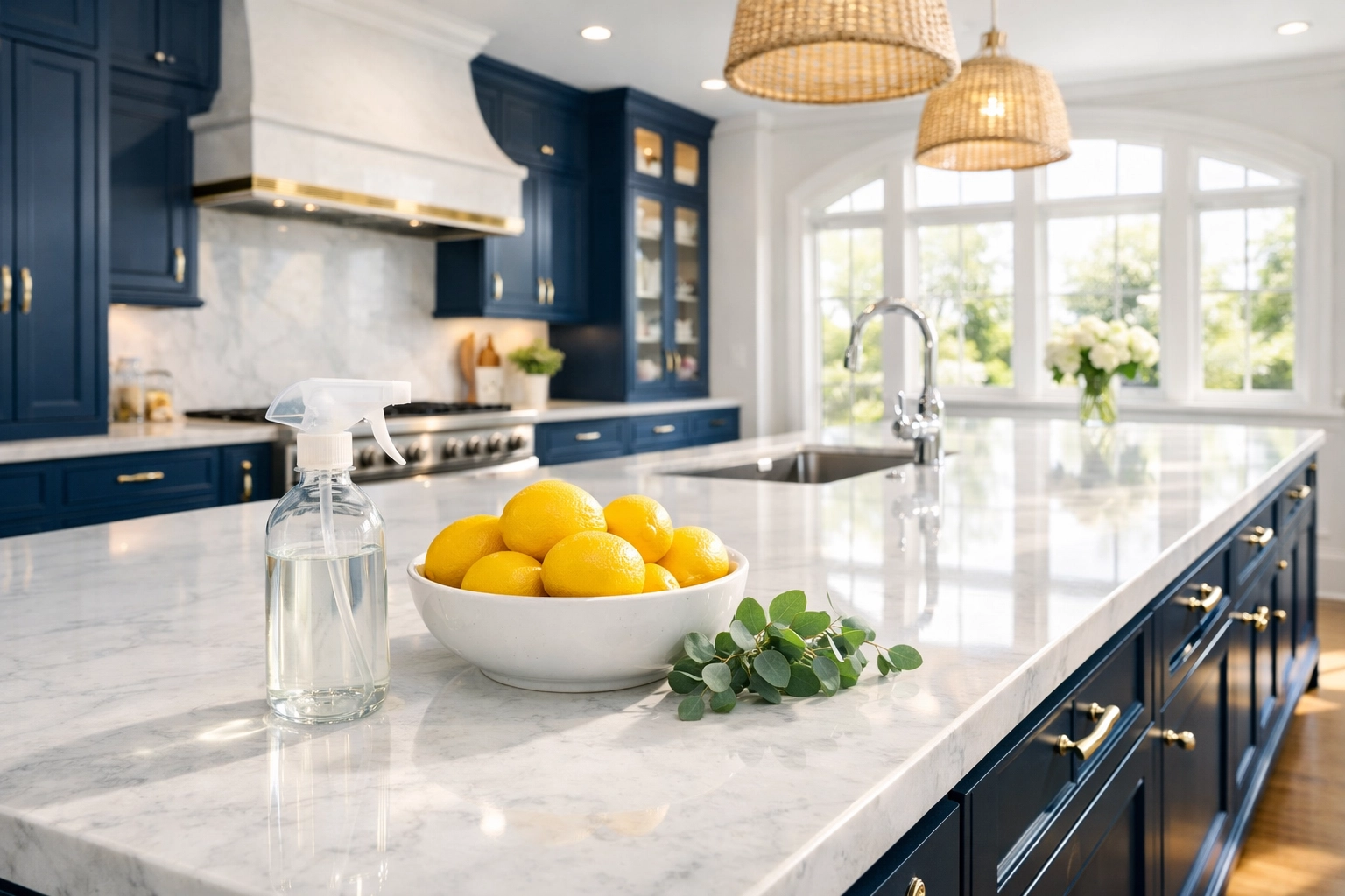 Spotless Brookline kitchen highlighting eco-friendly luxury house cleaning on high-end marble surfaces.