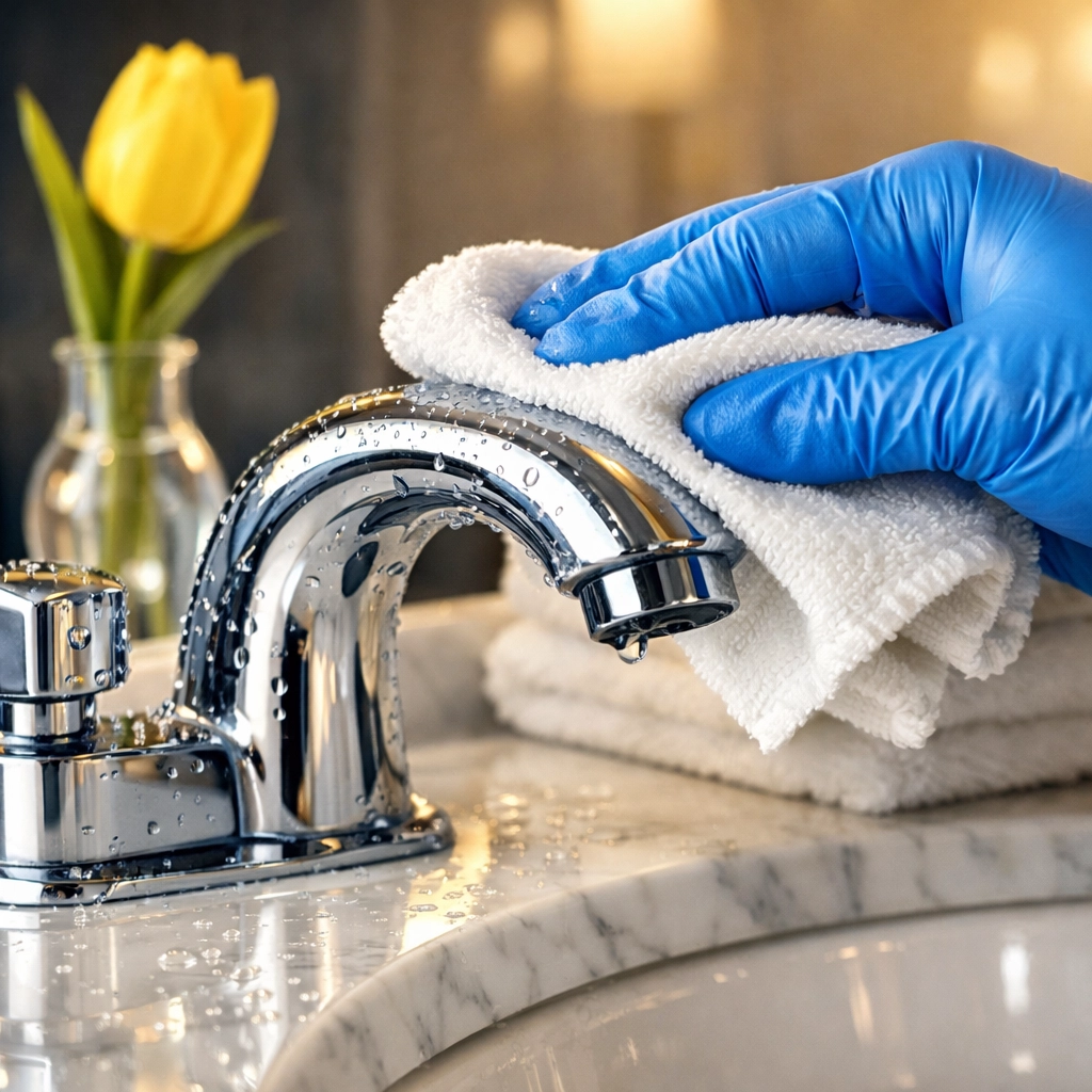 Deep House Cleaning Pepperell MA showing a sanitized luxury bathroom faucet and marble vanity.