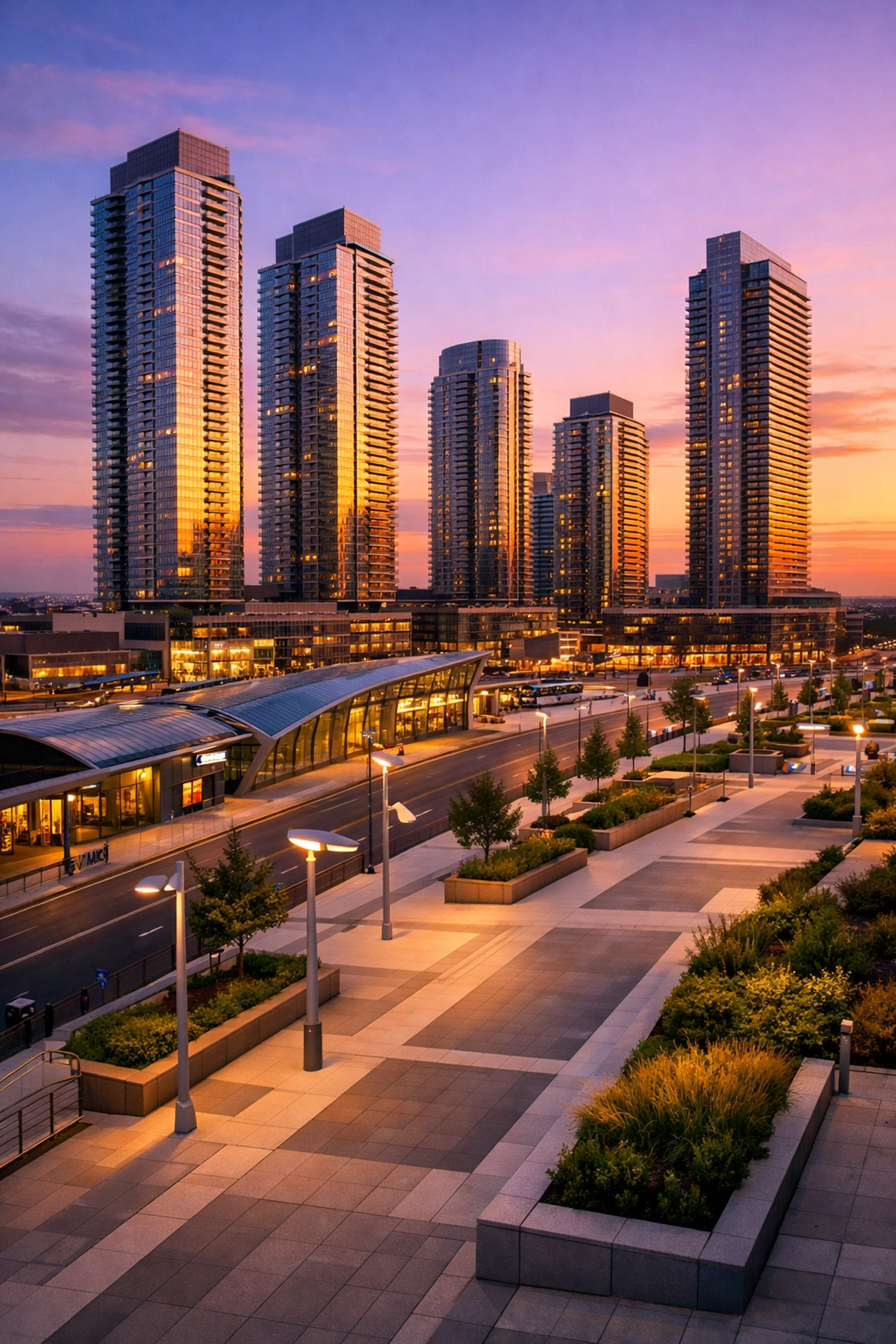 Modern glass condo towers at the Vaughan Metropolitan Centre skyline for first-time urban buyers.
