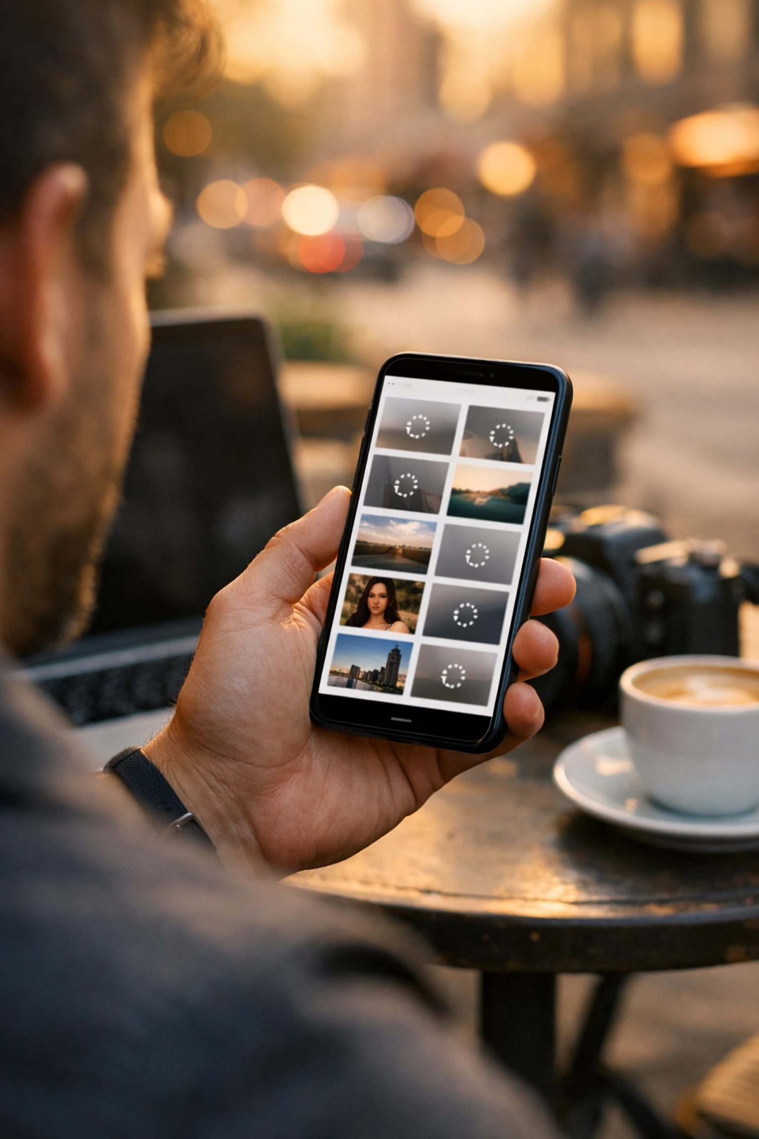 Photographer testing mobile portfolio loading speed on a smartphone to improve website SEO.